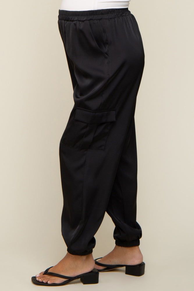 Black Satin Cargo Maternity Jogger Pants sold by Pinkblush product image thumbnail 3