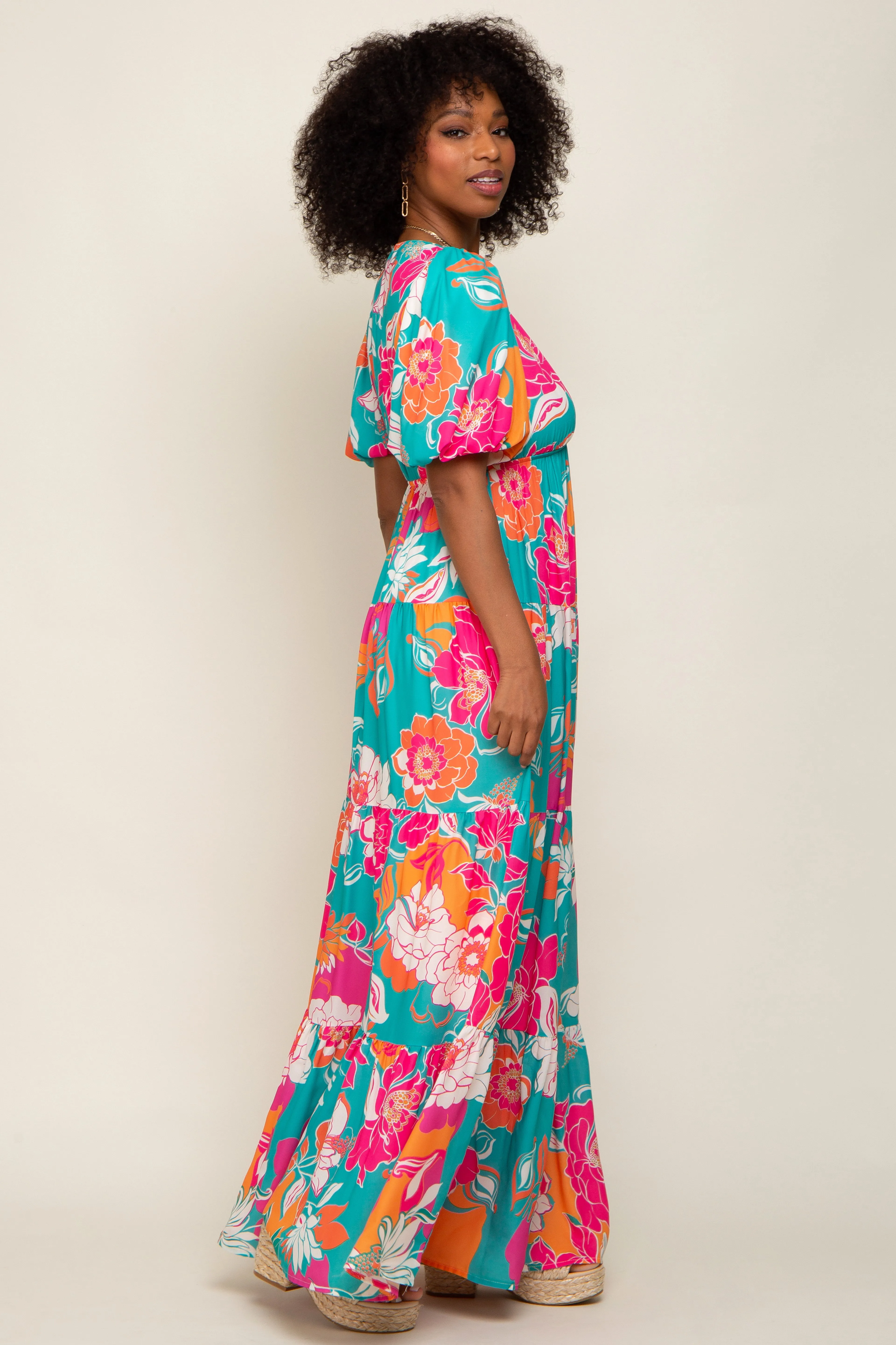 Teal Floral Puff Sleeve Tiered Maxi Dress sold by Pinkblush product image thumbnail 4