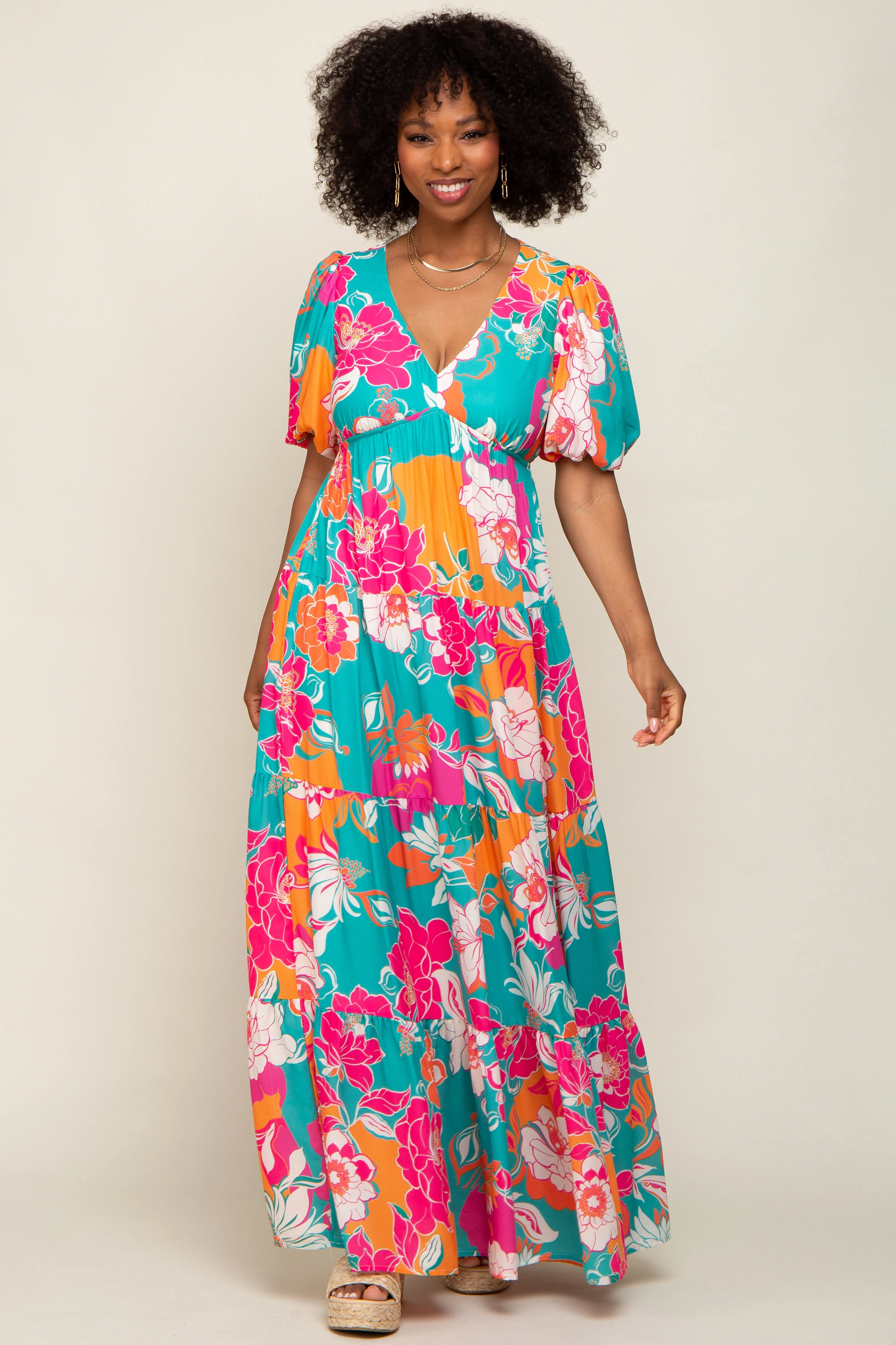 Teal Floral Puff Sleeve Tiered Maxi Dress sold by Pinkblush