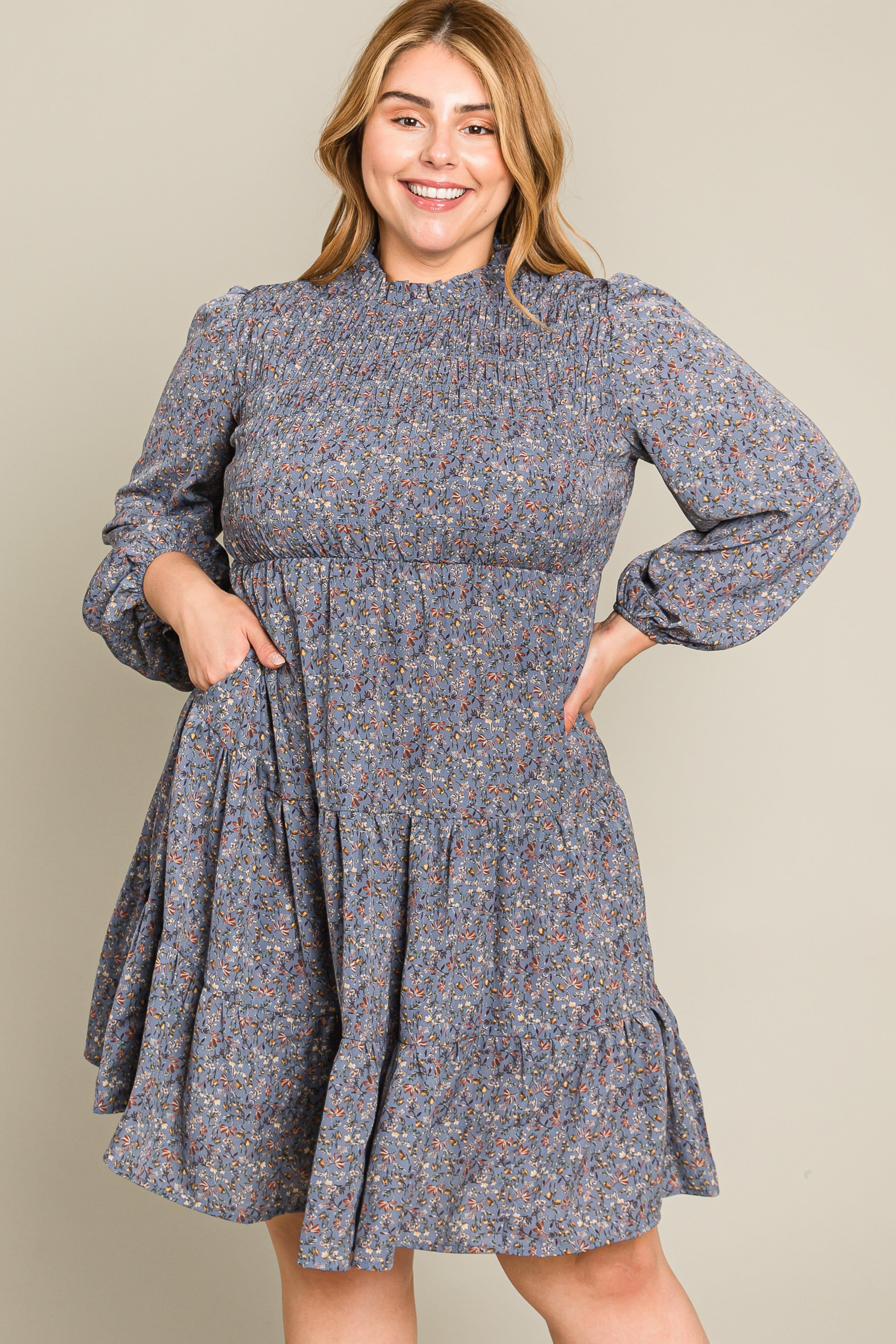 Blue Floral Shirred Mock Neck Maternity Plus Dress sold by Pinkblush product image thumbnail 4