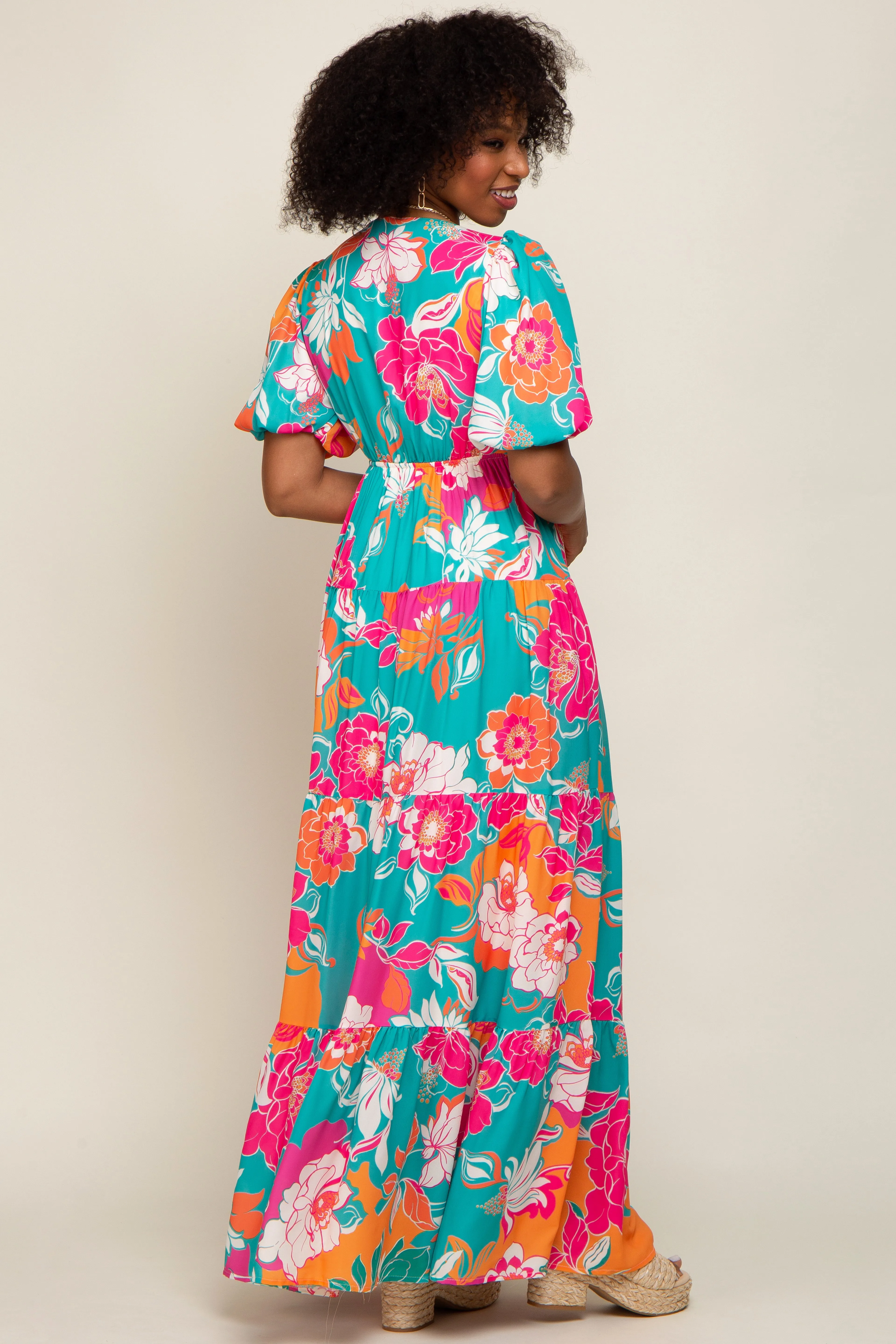 Teal Floral Puff Sleeve Tiered Maxi Dress sold by Pinkblush product image thumbnail 5