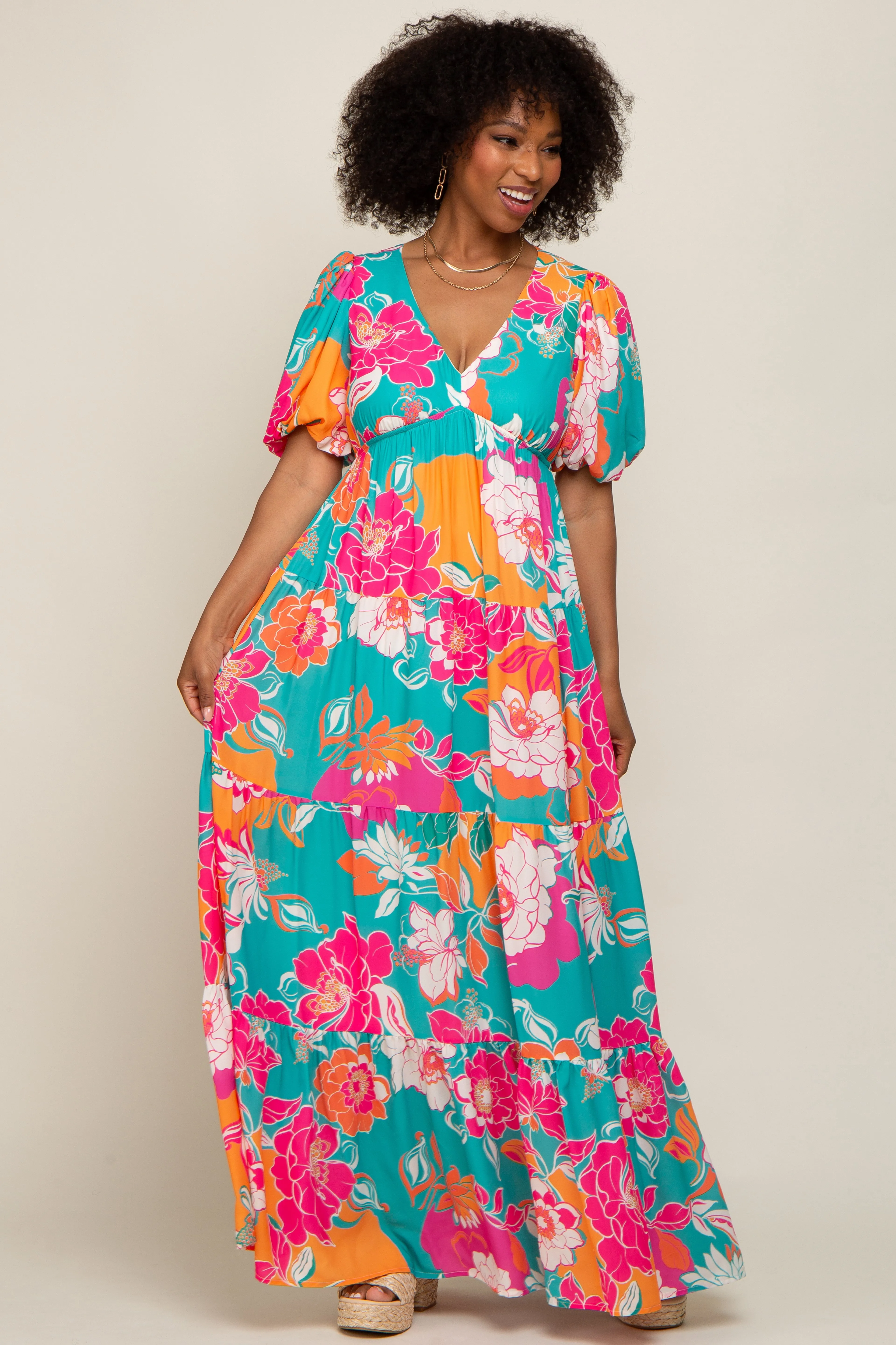 Teal Floral Puff Sleeve Tiered Maxi Dress sold by Pinkblush product image thumbnail 2