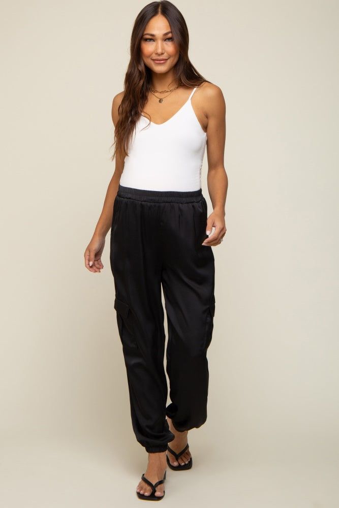 Black Satin Cargo Maternity Jogger Pants sold by Pinkblush product image thumbnail 5