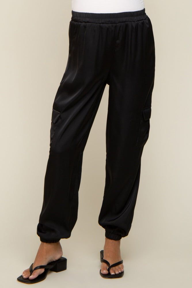 Black Satin Cargo Maternity Jogger Pants sold by Pinkblush product image thumbnail 2
