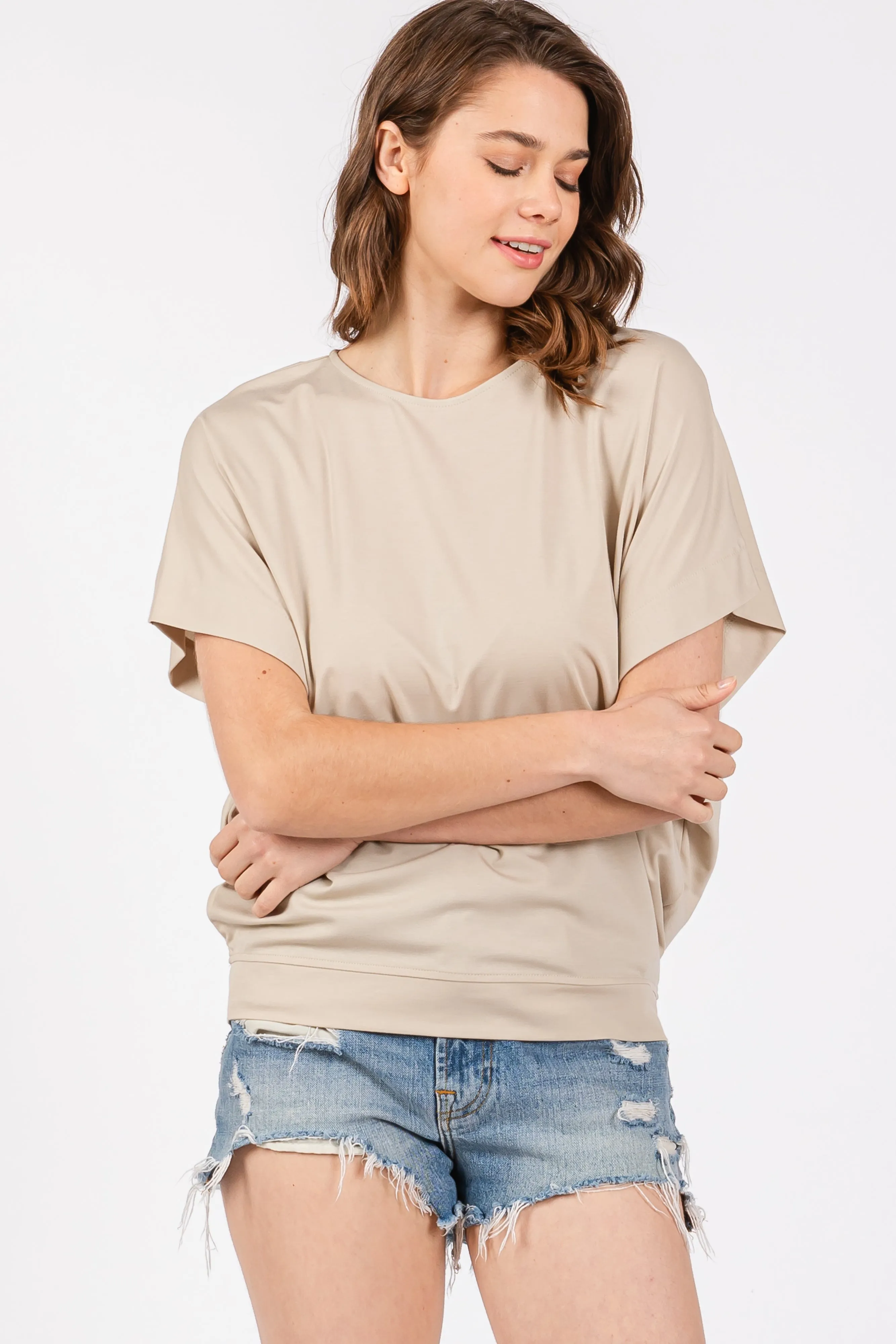 Beige Round Neck Dolman Sleeve Top sold by Pinkblush