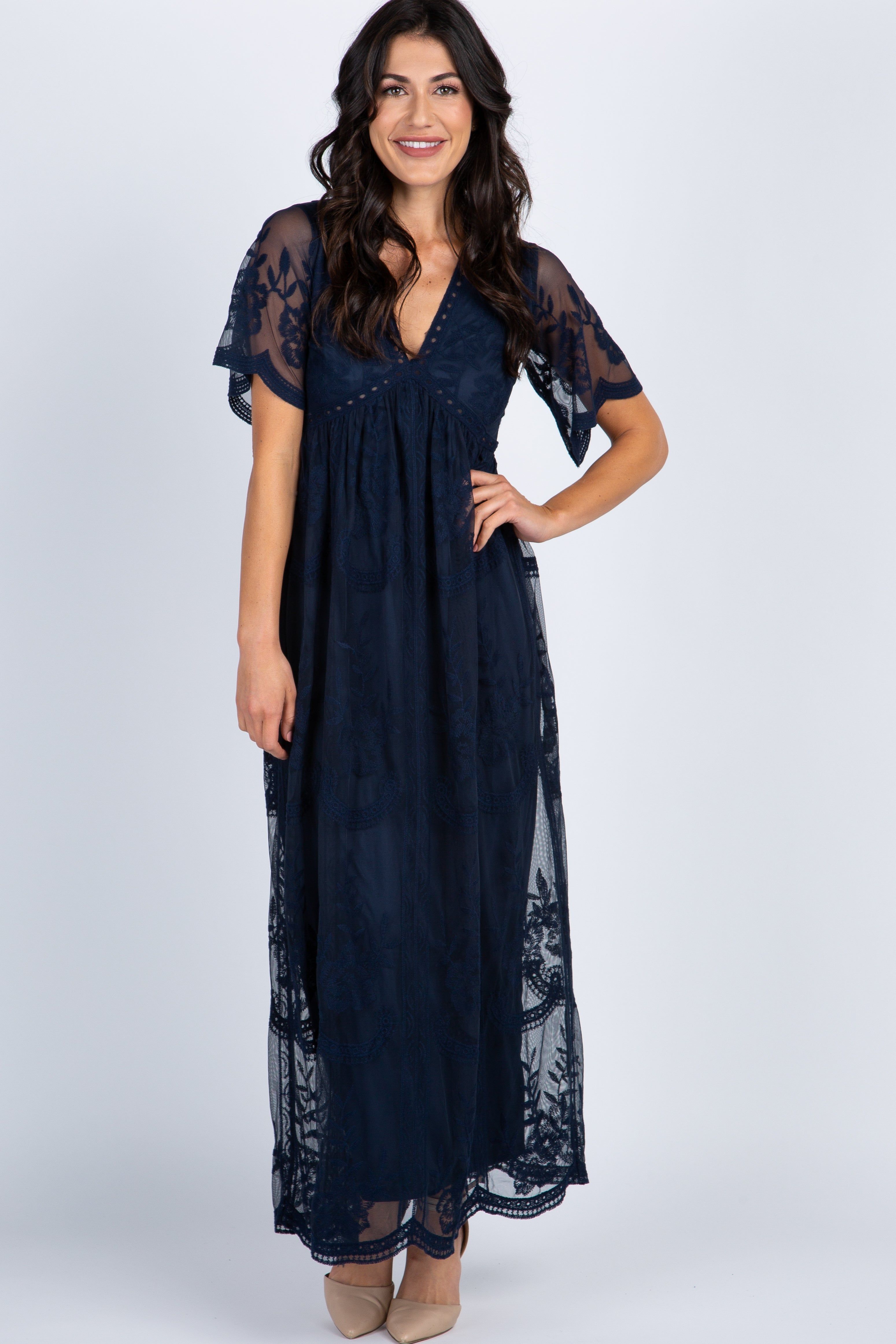 PinkBlush Navy Blue Lace Mesh Overlay Maxi Dress sold by Pinkblush