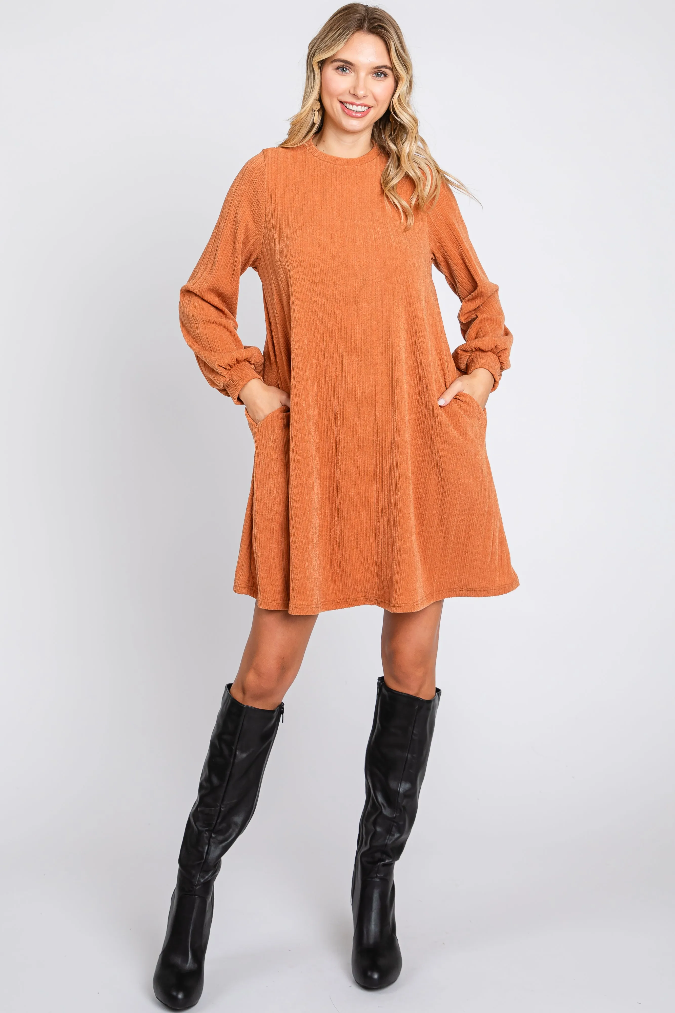 Camel Mock Neck Long Sleeve Maternity Dress sold by Pinkblush product image thumbnail 5