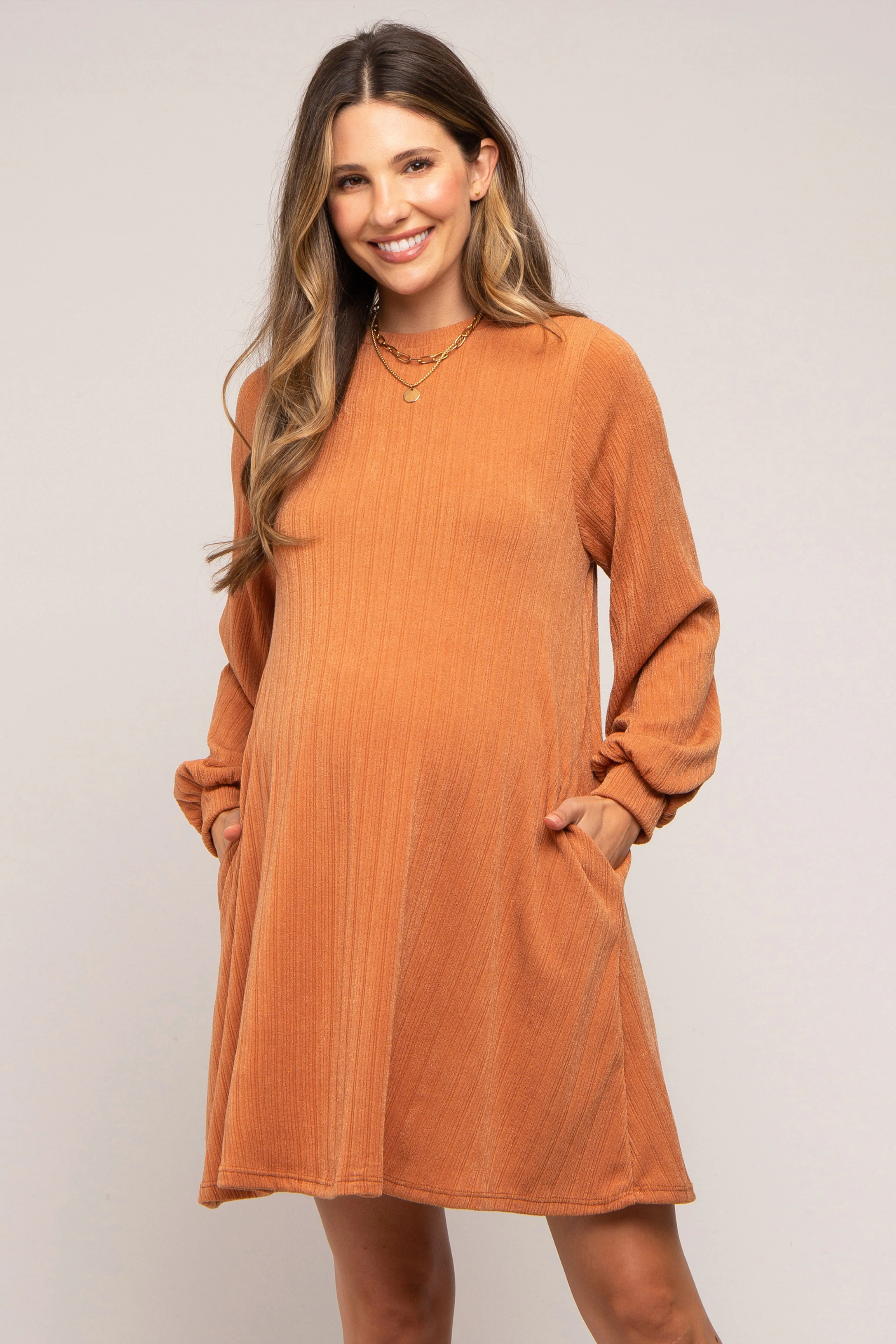 Camel Mock Neck Long Sleeve Maternity Dress sold by Pinkblush product image thumbnail 2