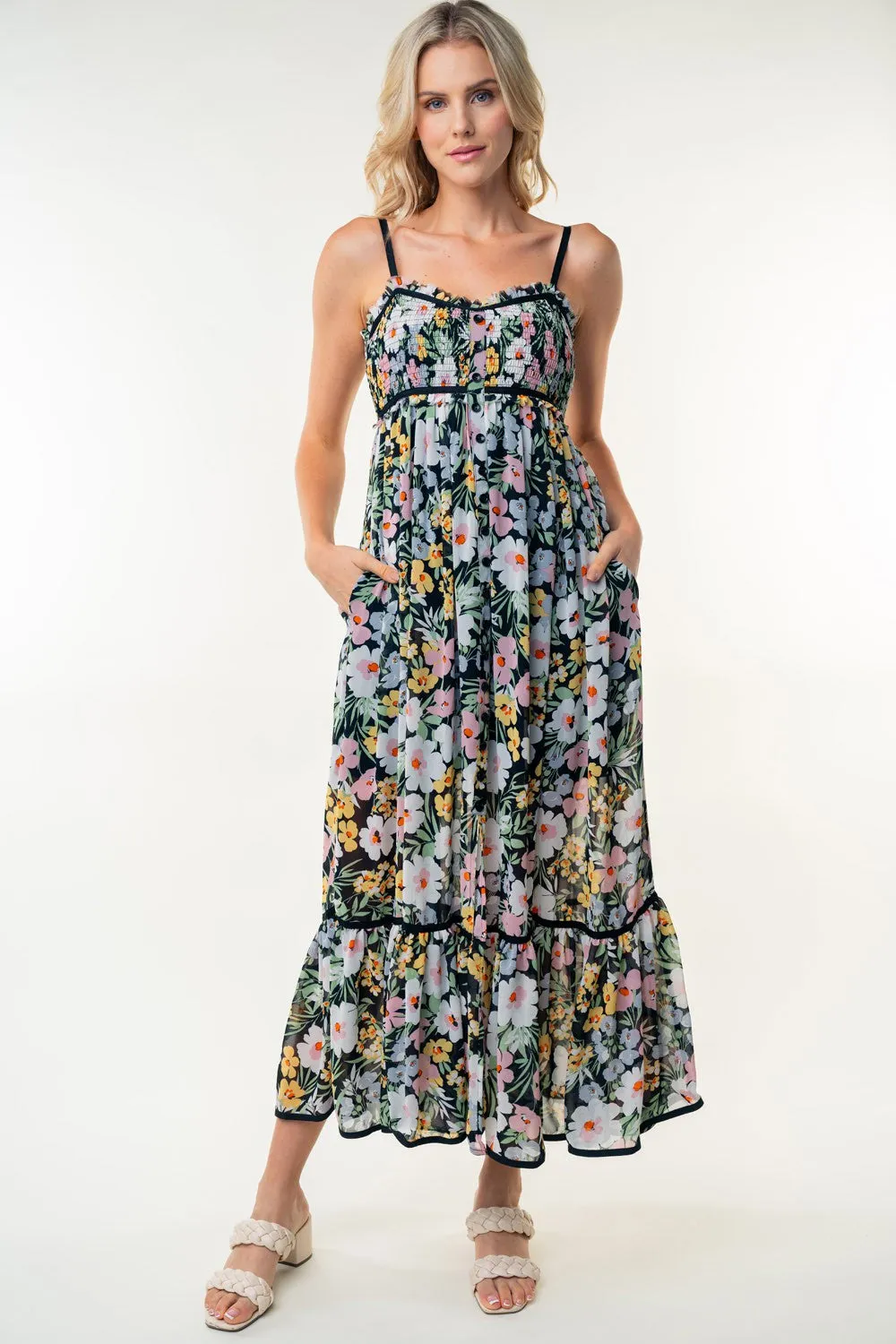 Black Floral Smocked Button Accent Maxi Dress sold by Pinkblush