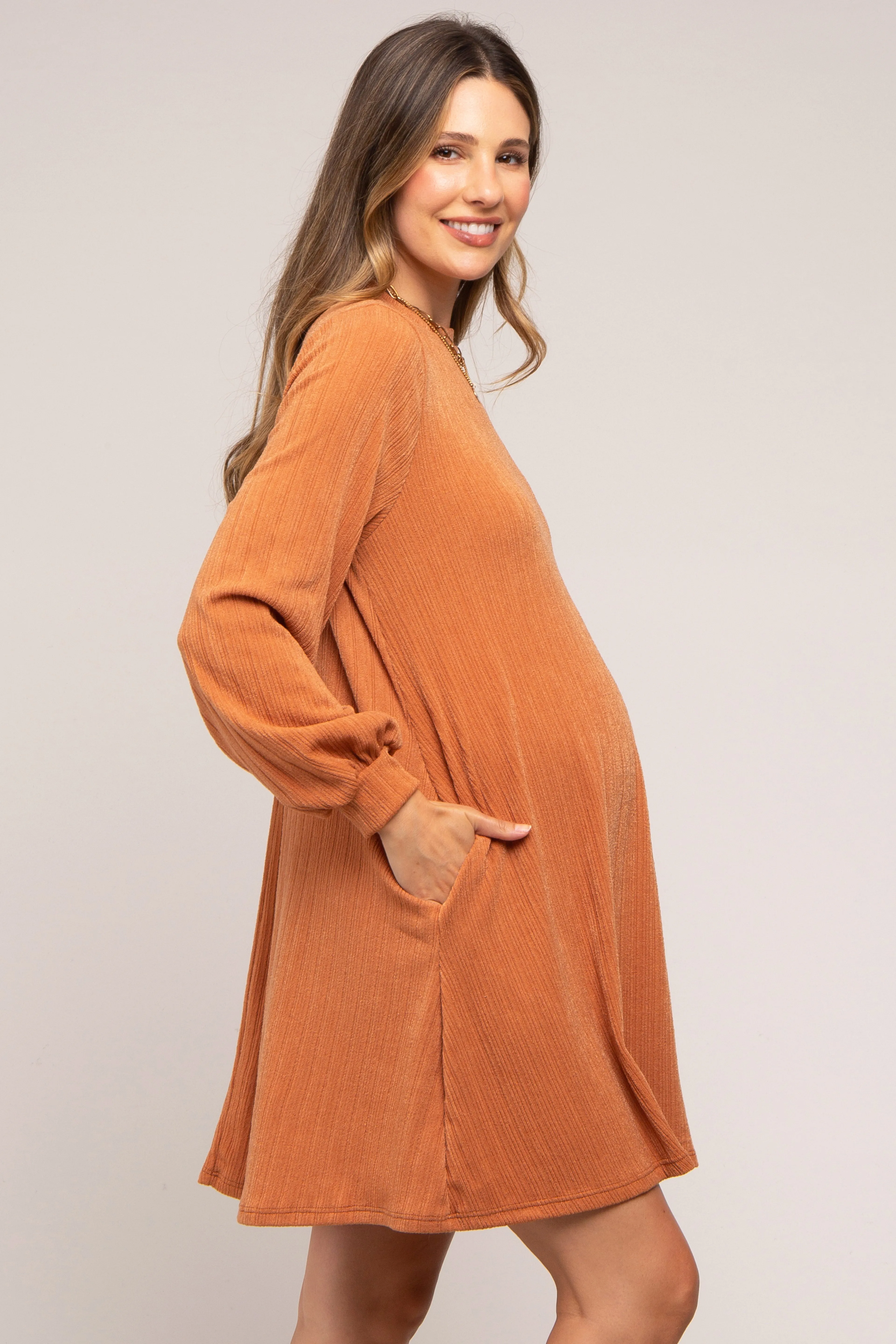 Camel Mock Neck Long Sleeve Maternity Dress sold by Pinkblush product image thumbnail 3