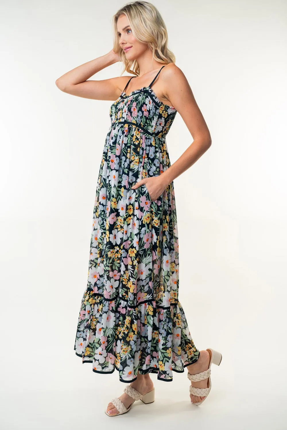 Black Floral Smocked Button Accent Maxi Dress sold by Pinkblush product image thumbnail 2