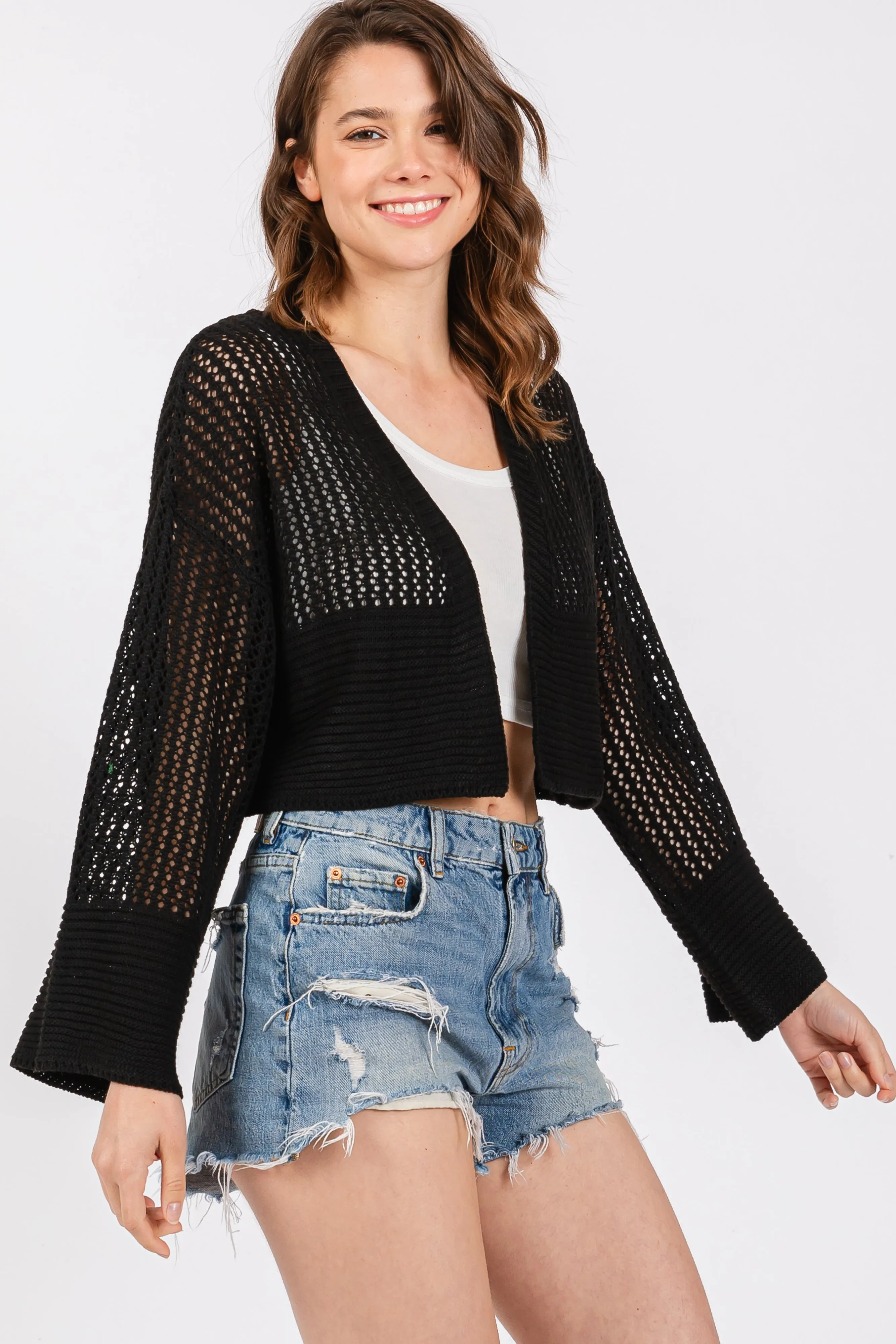 Black Open Knit Cropped Cardigan sold by Pinkblush