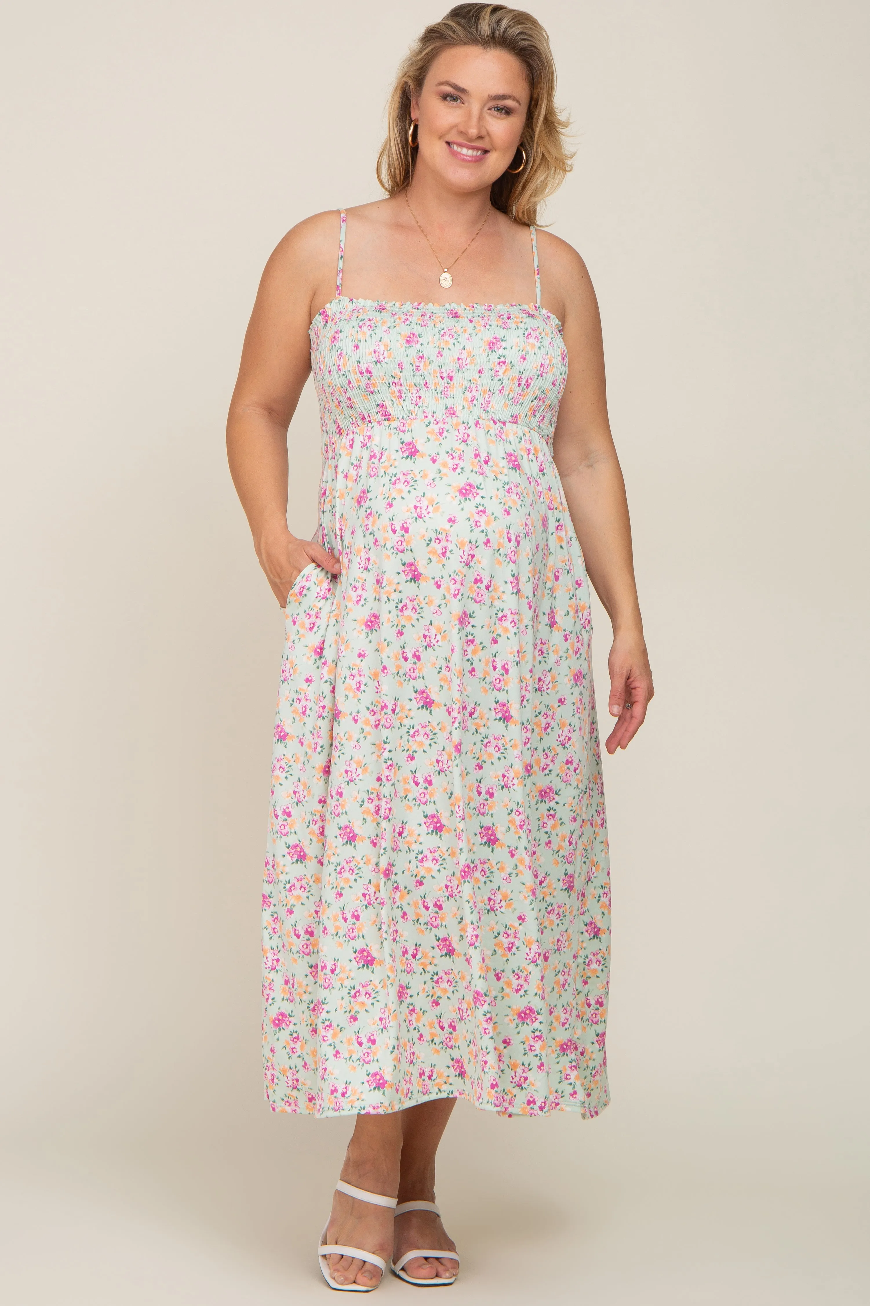 Light Olive Square Neck Smocked Plus Maternity Midi Dress sold by Pinkblush product image thumbnail 4