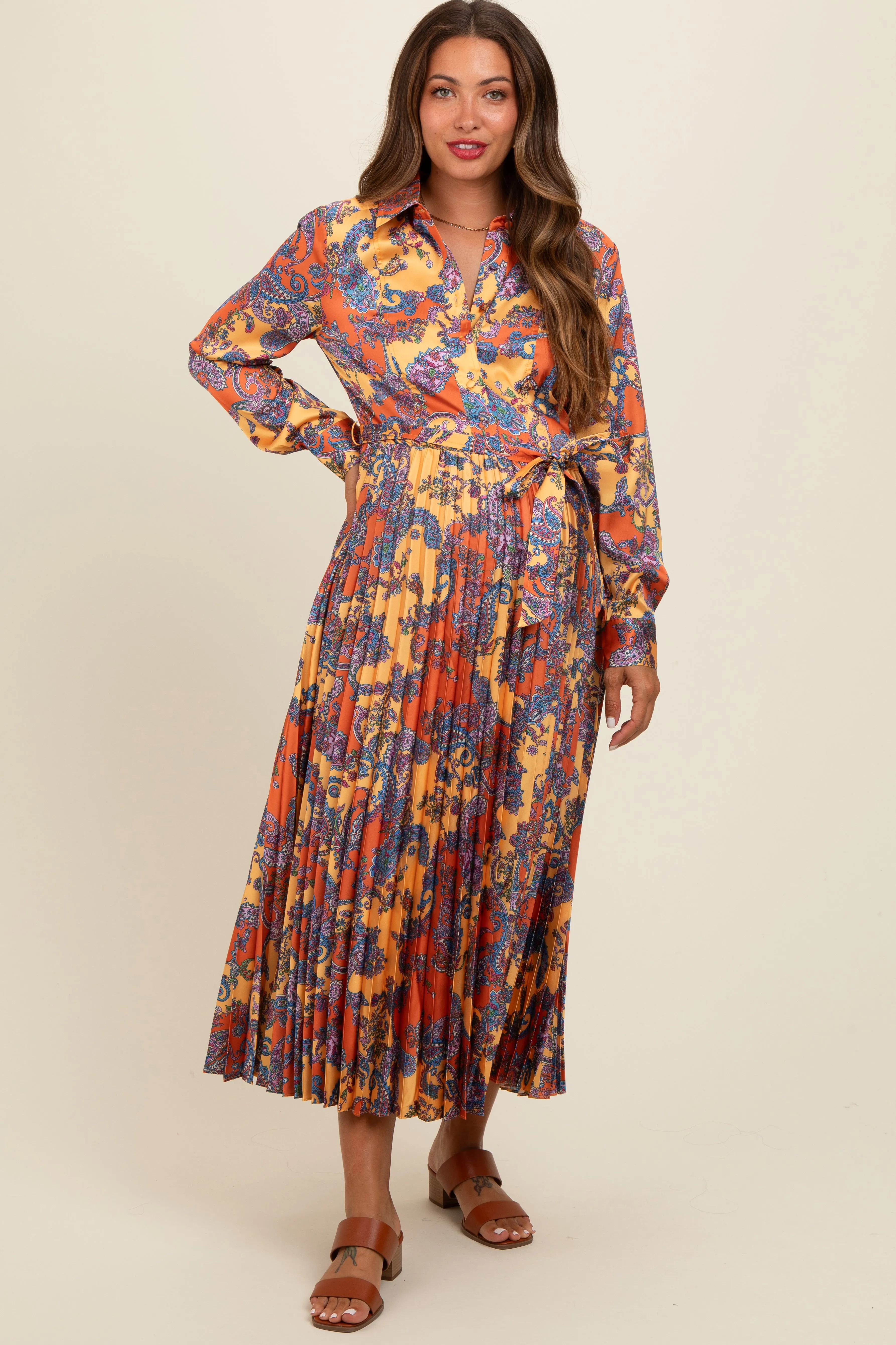 Orange Paisley Print Pleated Button Down Maternity Midi Dress sold by Pinkblush product image thumbnail 2