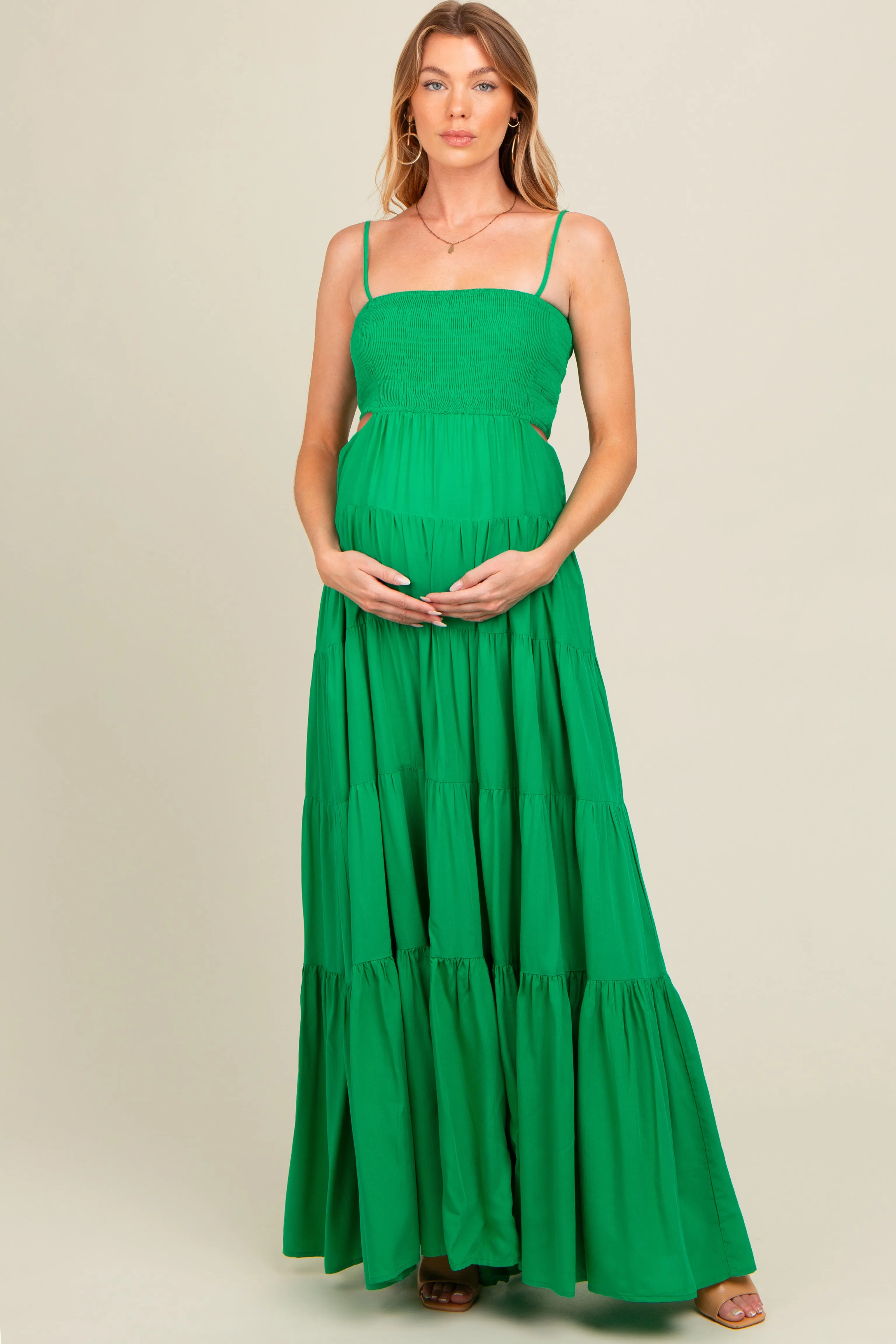 Green Smocked Cutout Maternity Maxi Dress sold by Pinkblush product image thumbnail 2