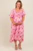 Pink Floral Smocked Sweetheart Neck Short Puff Sleeve Maternity Plus Midi Dress sold by Pinkblush