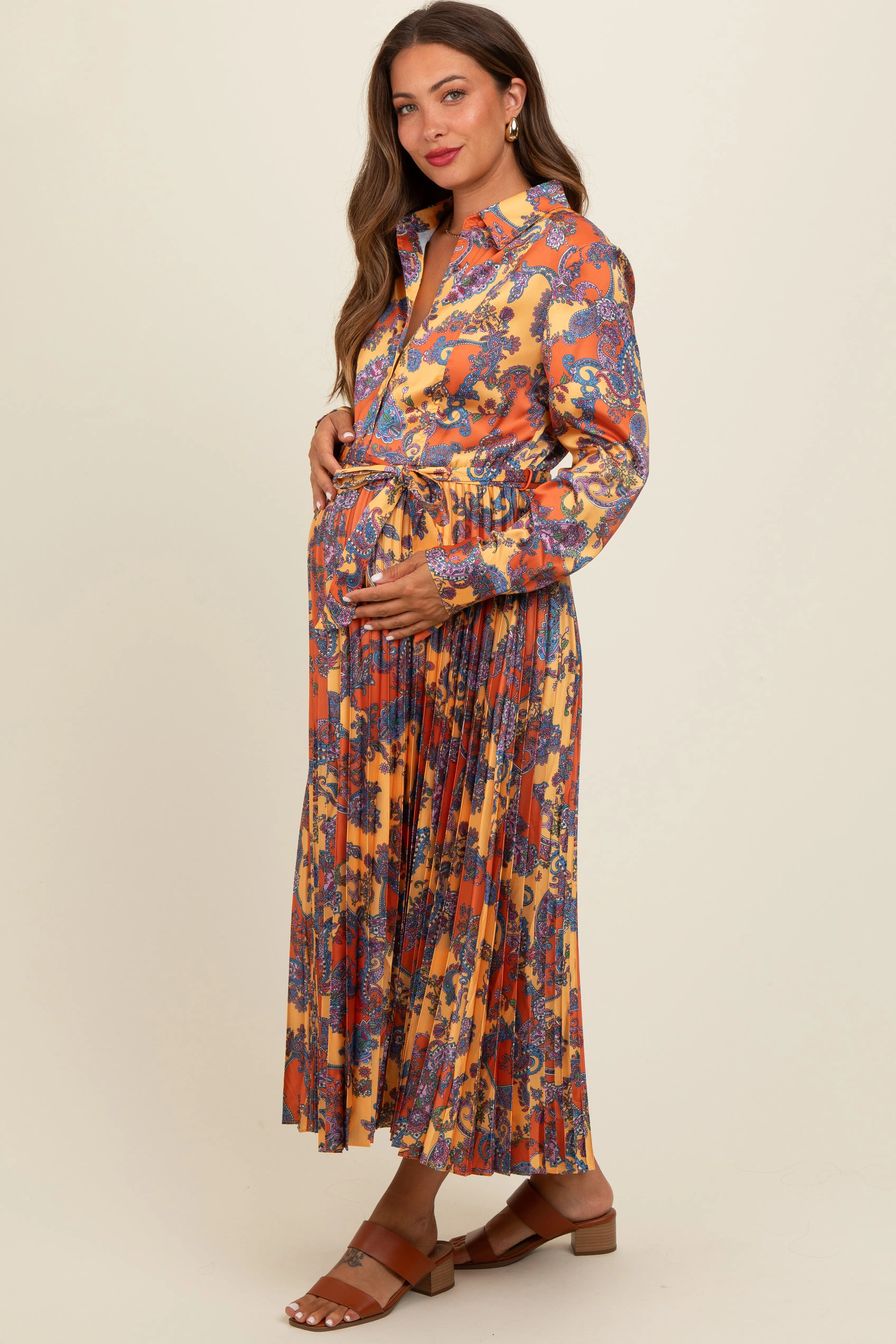 Orange Paisley Print Pleated Button Down Maternity Midi Dress sold by Pinkblush product image thumbnail 3