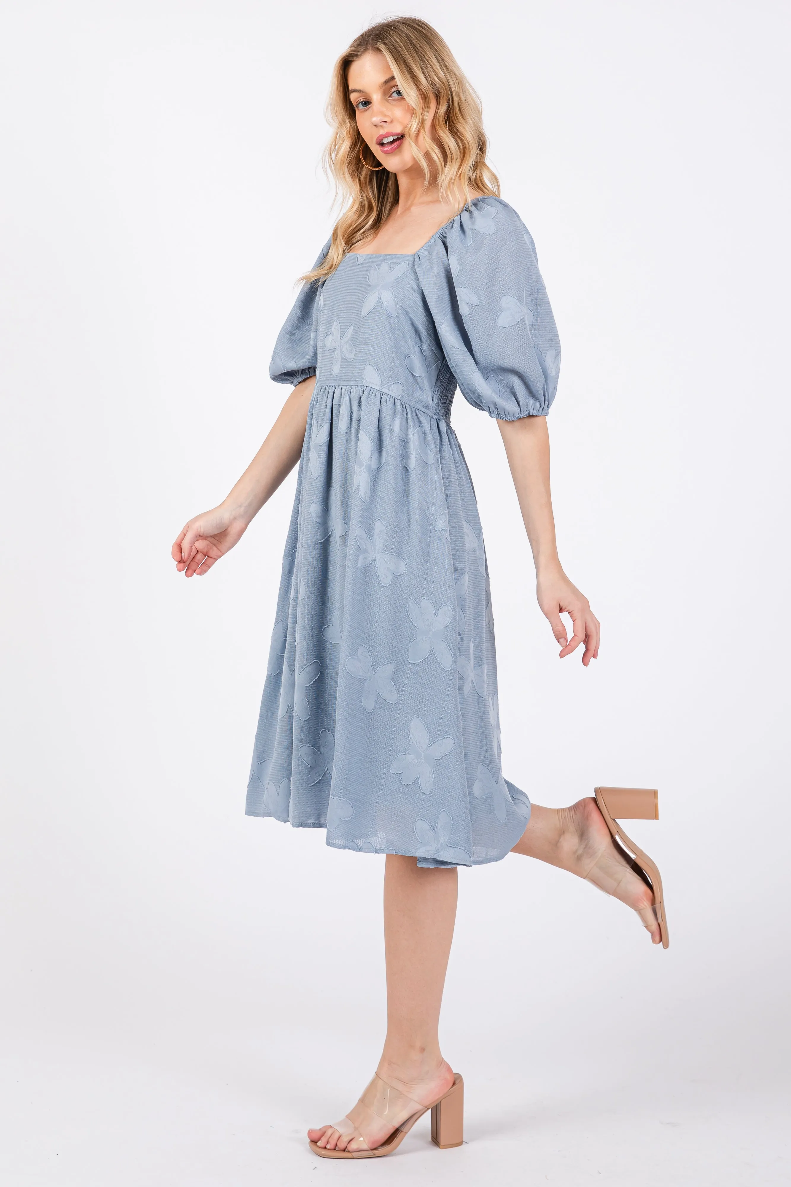 Blue Textured Floral Square Neck Puff Sleeve Dress sold by Pinkblush product image thumbnail 2