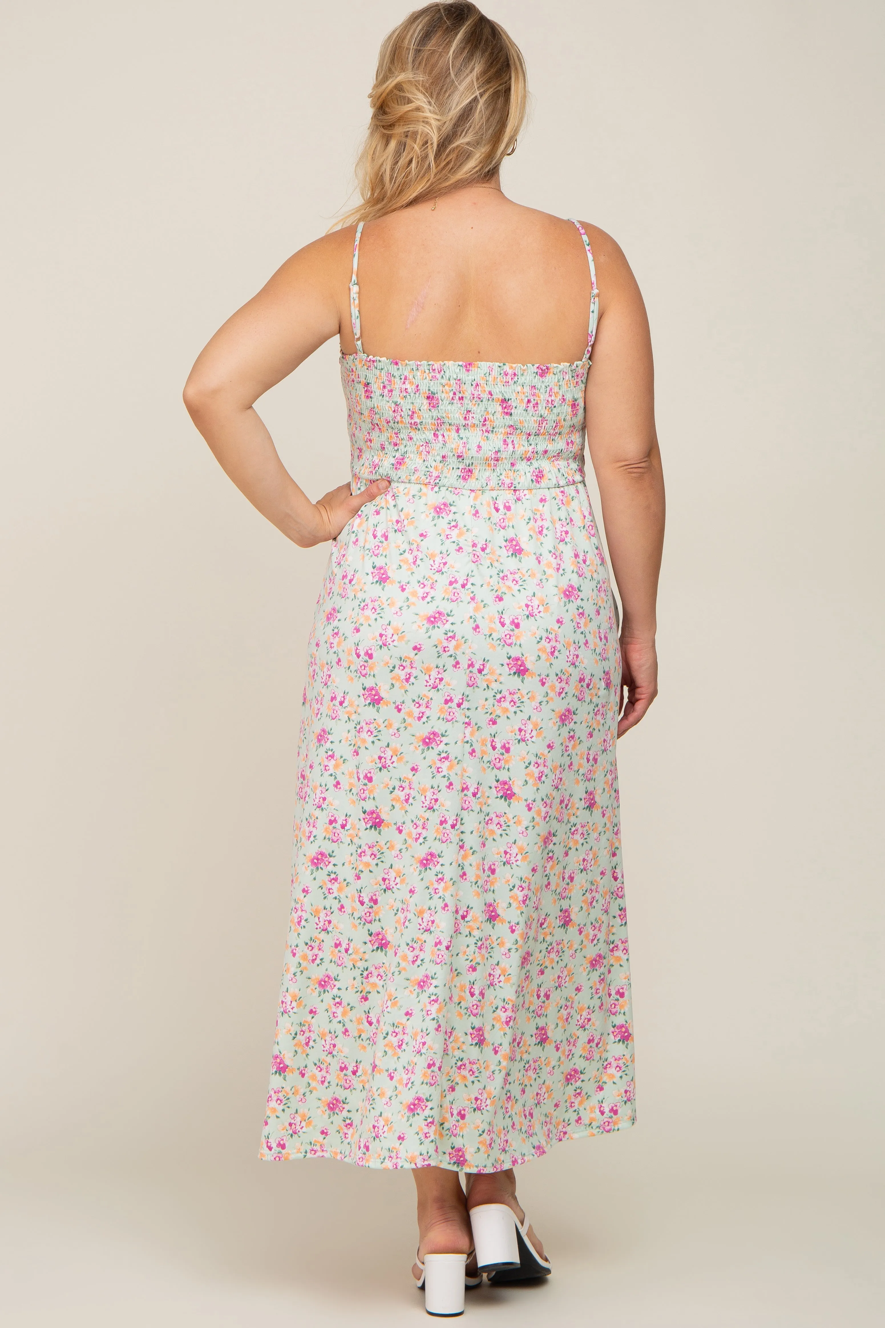 Light Olive Square Neck Smocked Plus Maternity Midi Dress sold by Pinkblush product image thumbnail 3