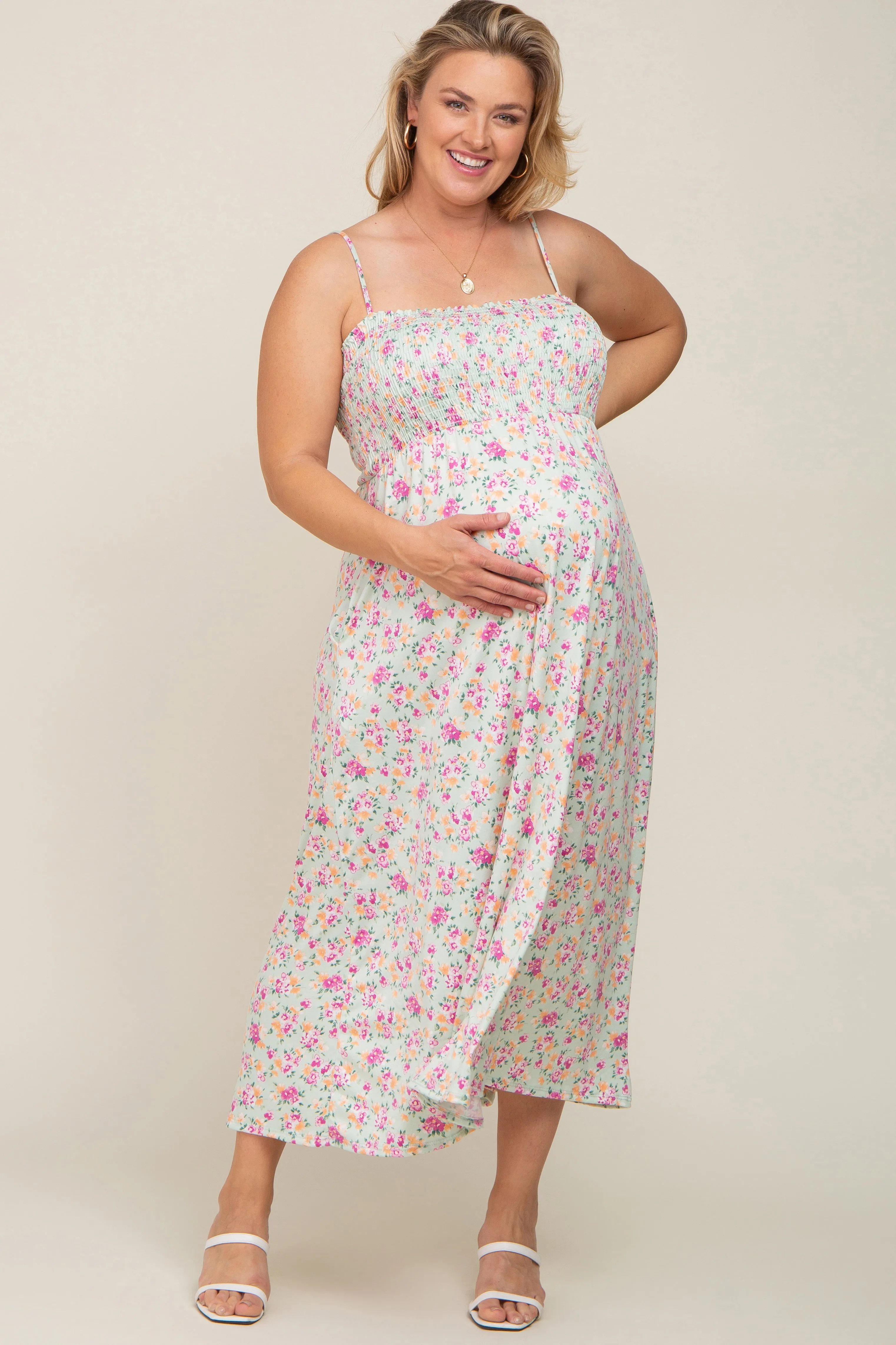Light Olive Square Neck Smocked Plus Maternity Midi Dress sold by Pinkblush