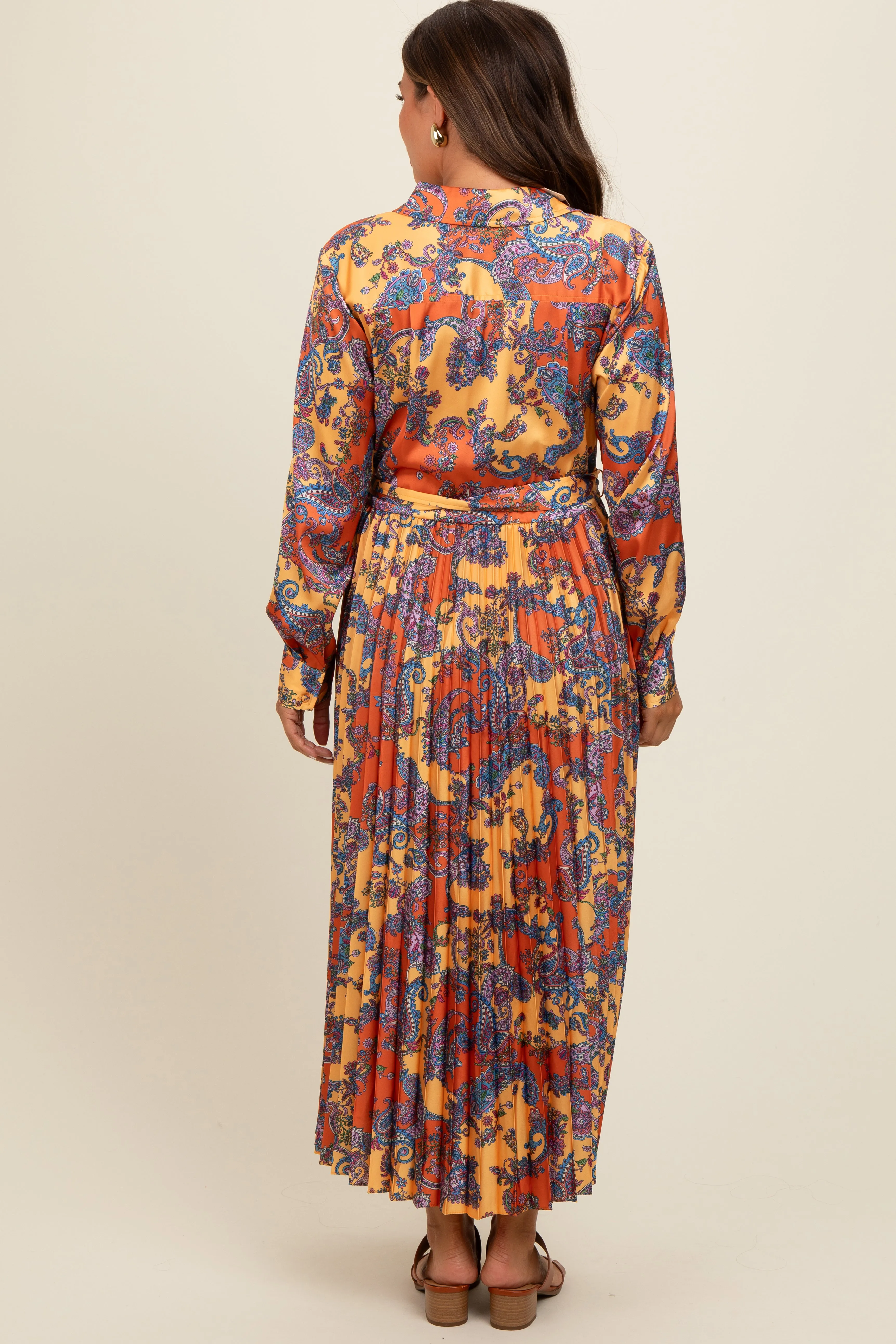 Orange Paisley Print Pleated Button Down Maternity Midi Dress sold by Pinkblush product image thumbnail 4