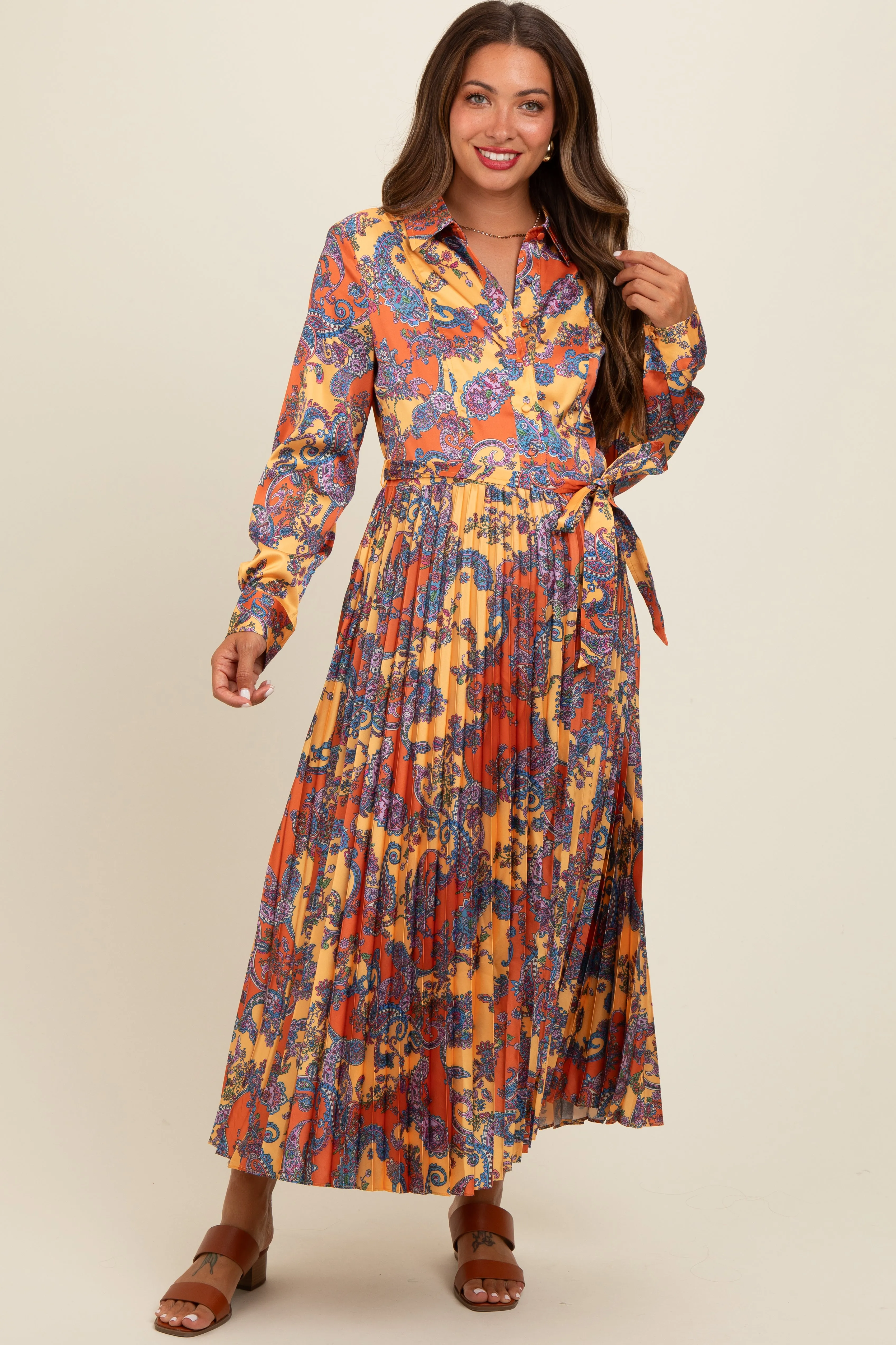 Orange Paisley Print Pleated Button Down Maternity Midi Dress sold by Pinkblush