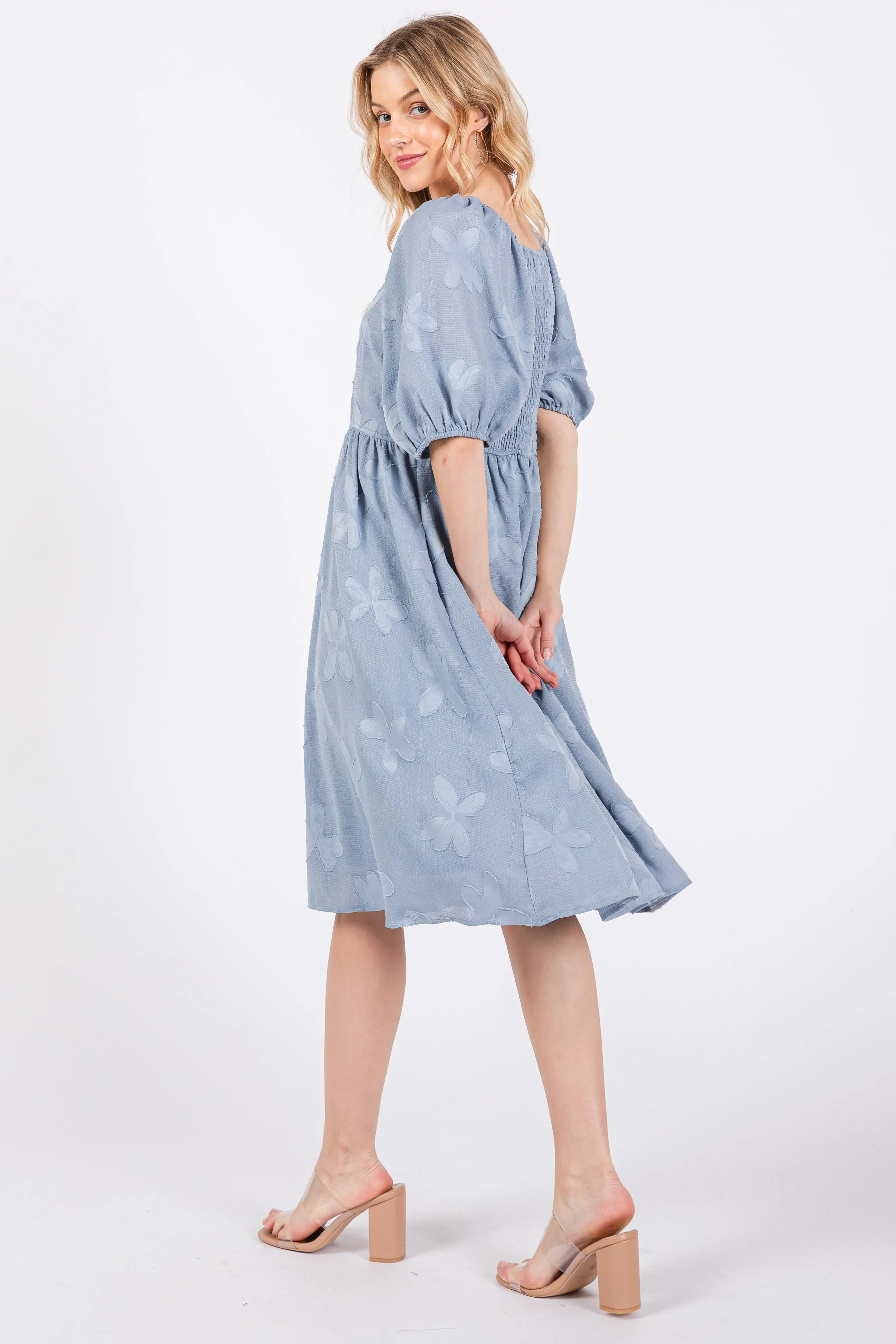 Blue Textured Floral Square Neck Puff Sleeve Dress sold by Pinkblush product image thumbnail 3