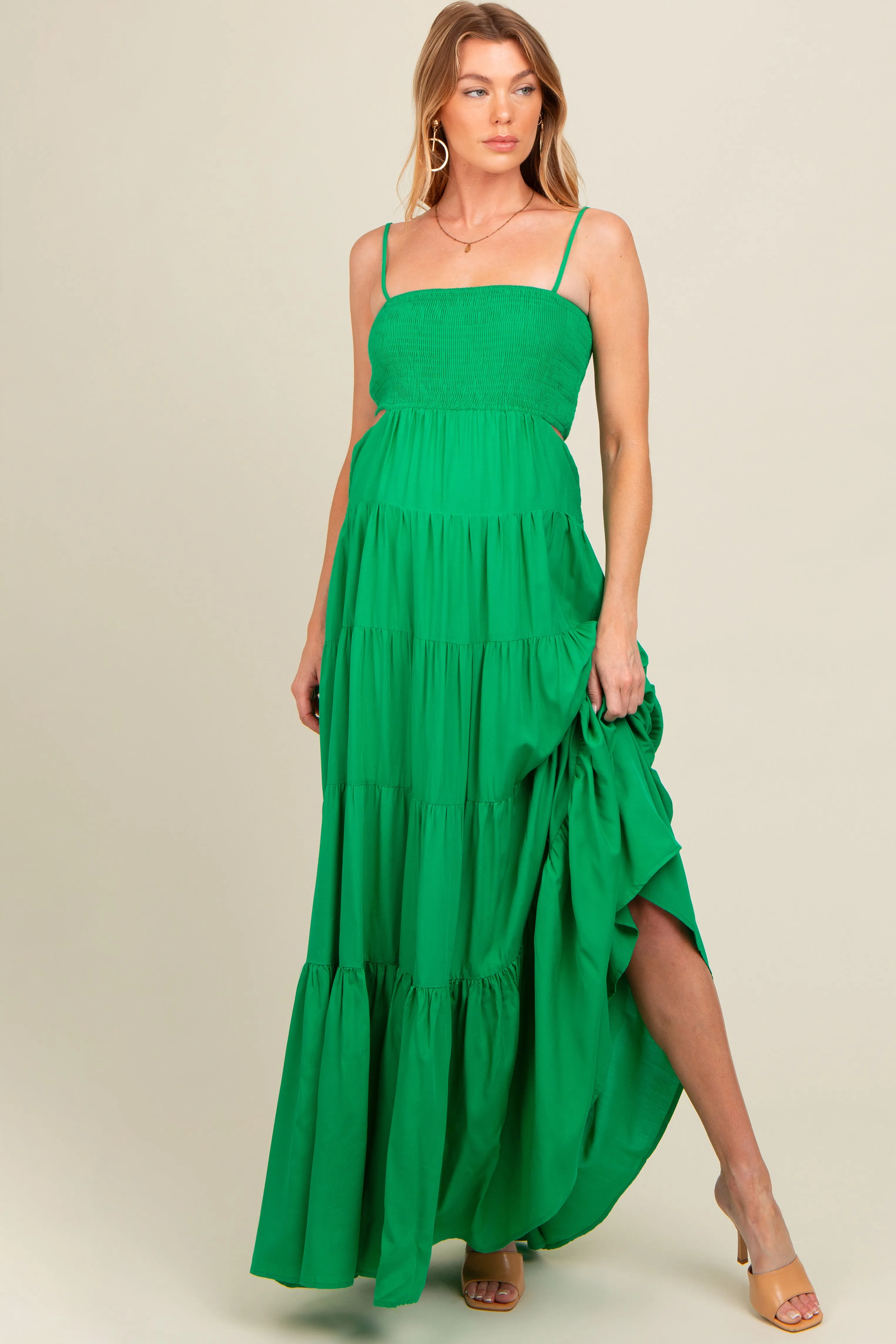 Green Smocked Cutout Maternity Maxi Dress sold by Pinkblush