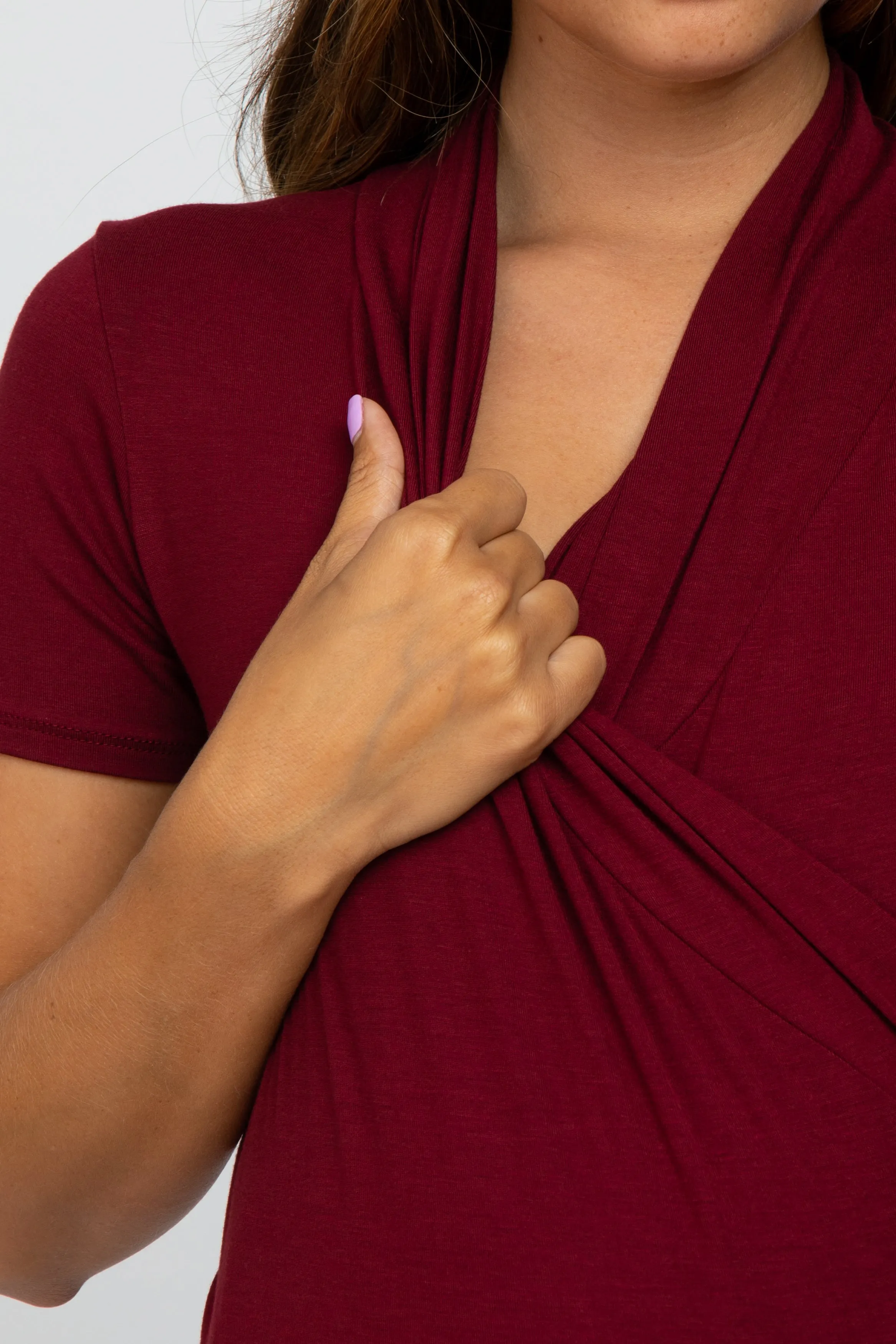 Burgundy Solid Short Sleeve Wrap Front Maternity/Nursing Top sold by Pinkblush product image thumbnail 4
