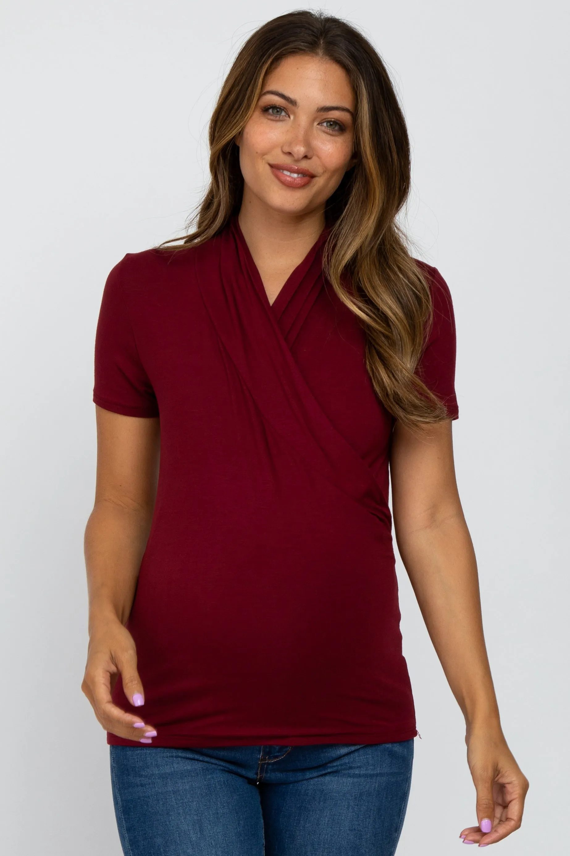 Burgundy Solid Short Sleeve Wrap Front Maternity/Nursing Top sold by Pinkblush