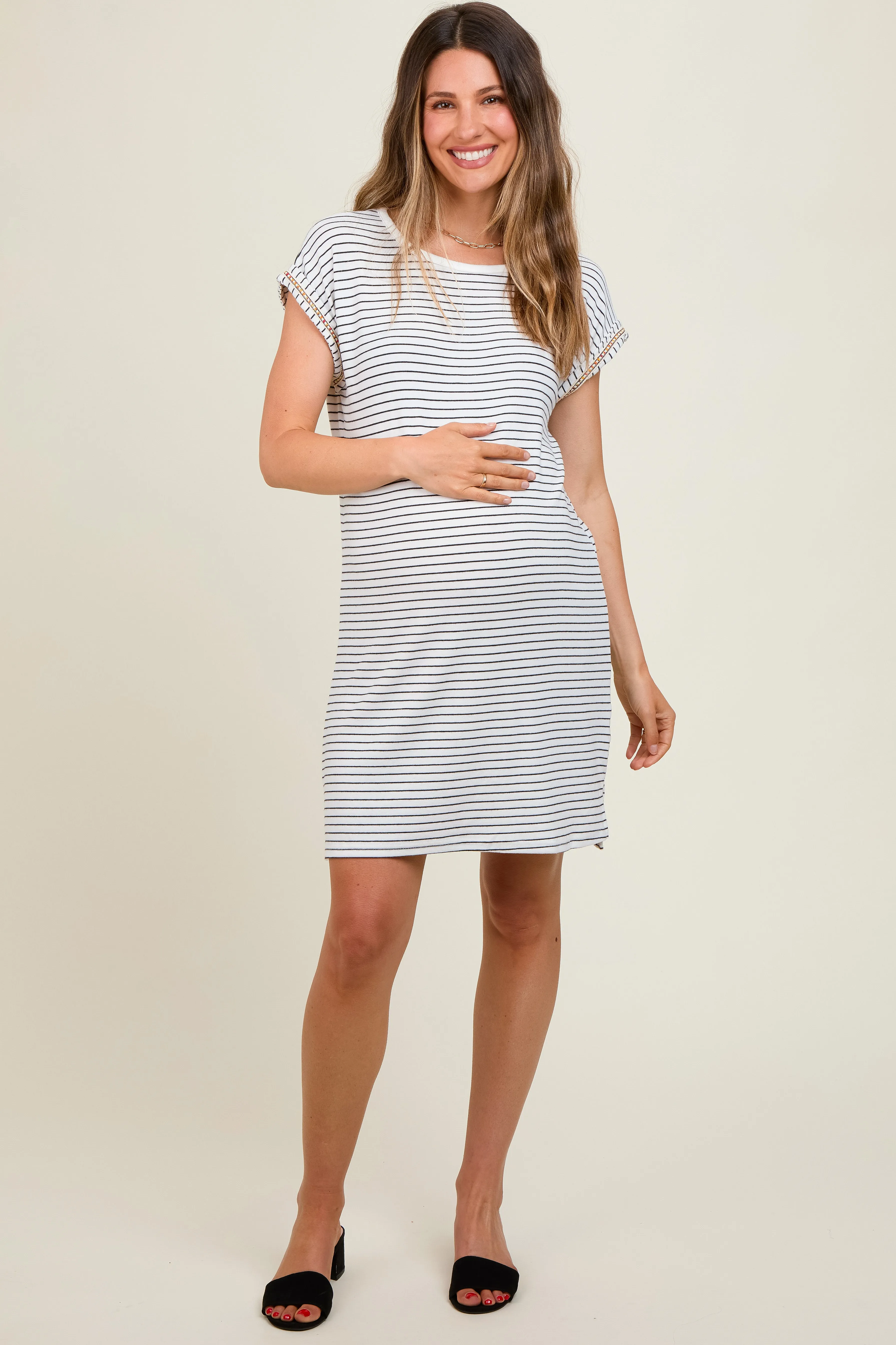 White Striped Maternity Side Slit Maternity T-Shirt Dress sold by Pinkblush