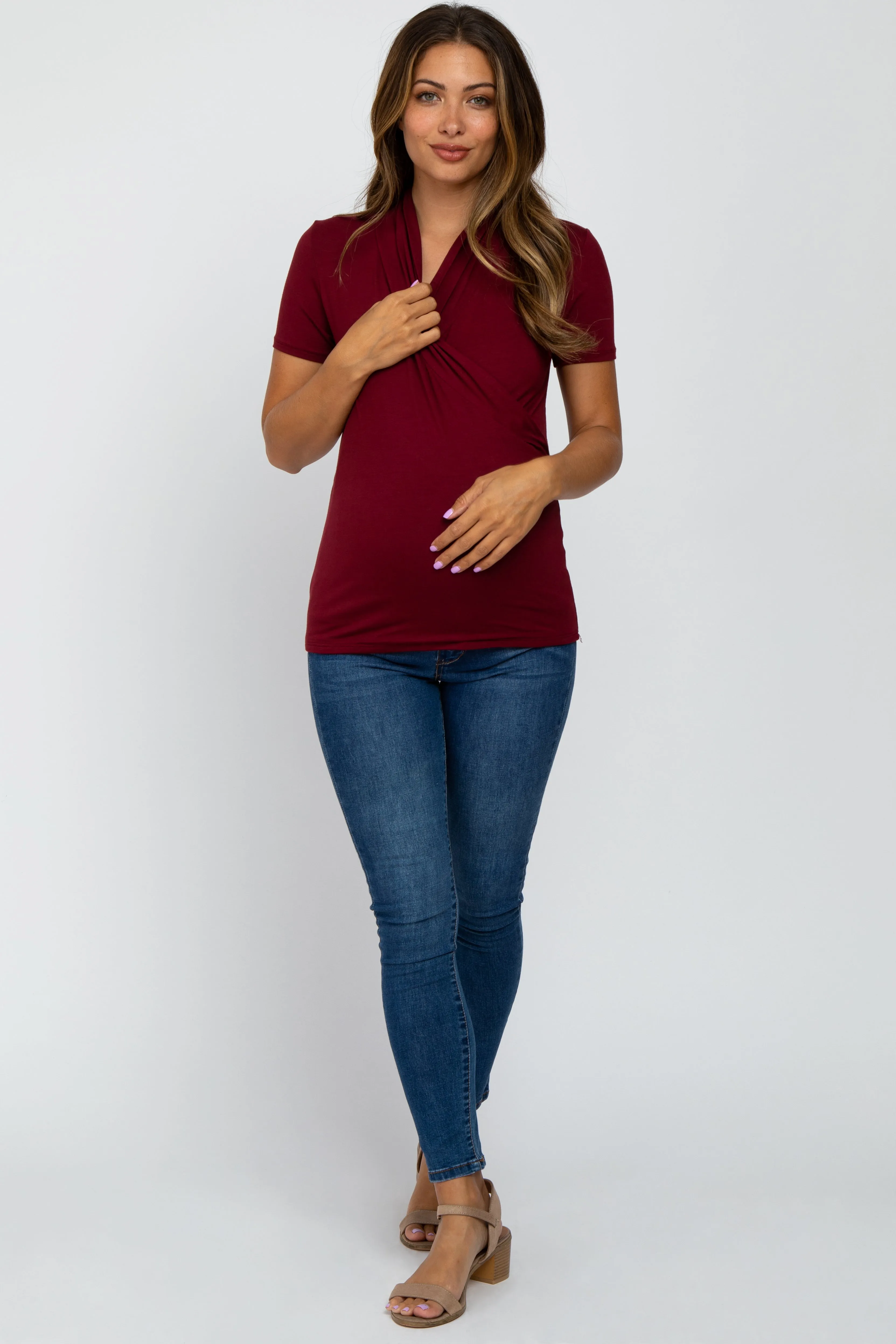 Burgundy Solid Short Sleeve Wrap Front Maternity/Nursing Top sold by Pinkblush product image thumbnail 5