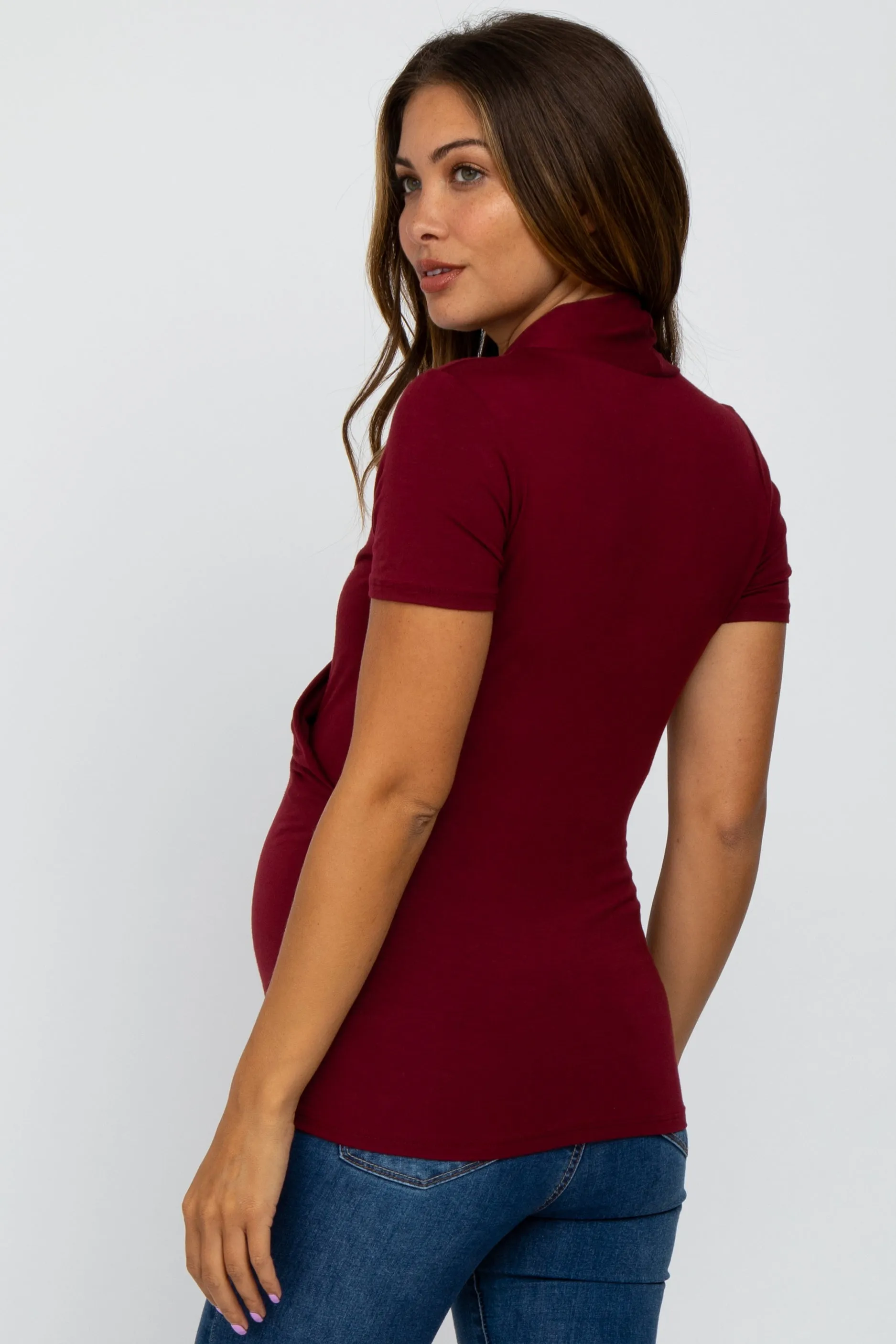 Burgundy Solid Short Sleeve Wrap Front Maternity/Nursing Top sold by Pinkblush product image thumbnail 3