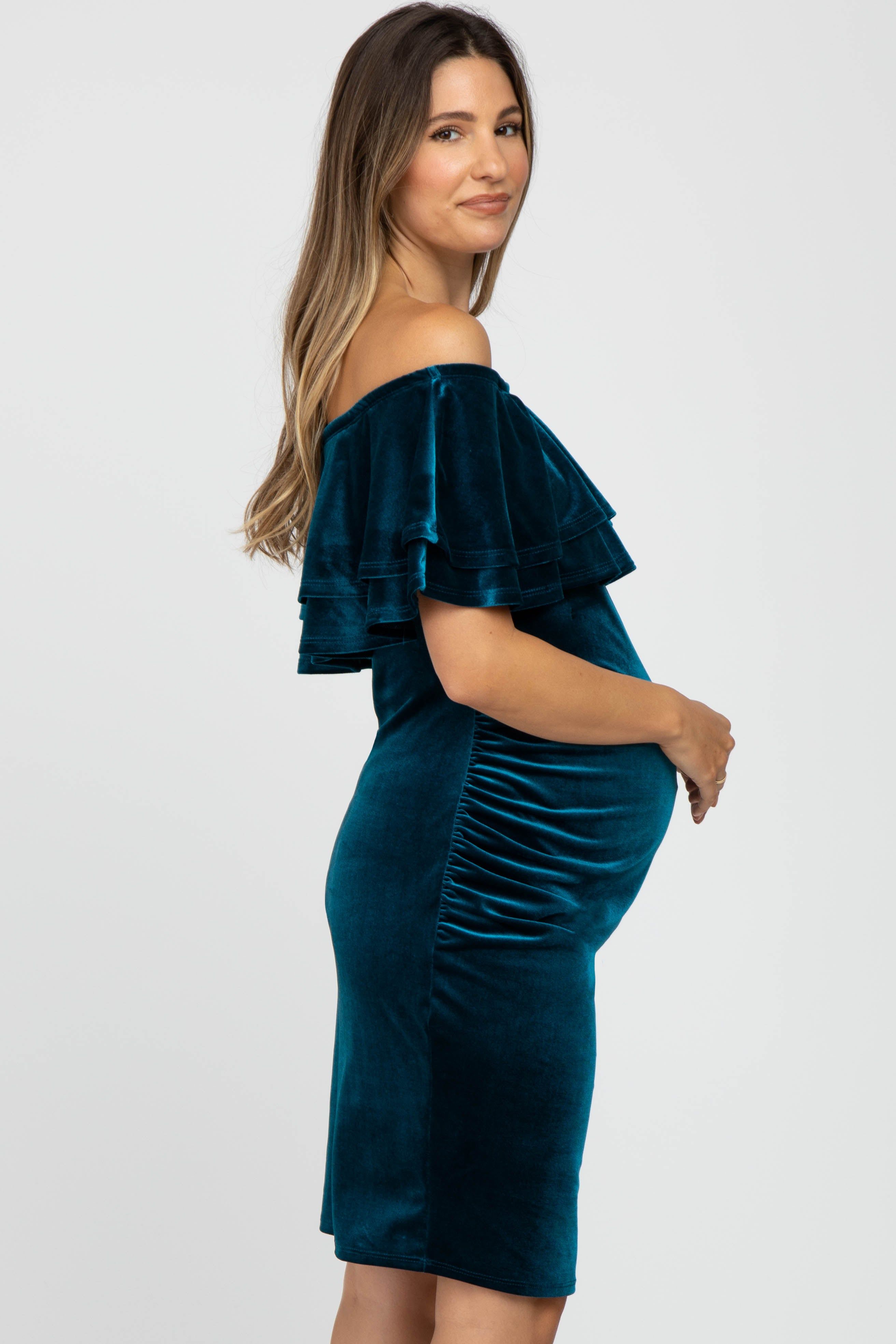 Teal Velvet Off Shoulder Fitted Maternity Dress sold by Pinkblush product image thumbnail 2