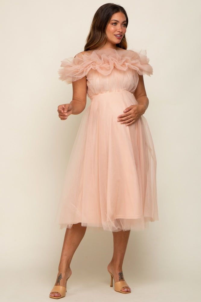 Light Pink Tulle Off Shoulder Maternity Midi Dress sold by Pinkblush product image thumbnail 4