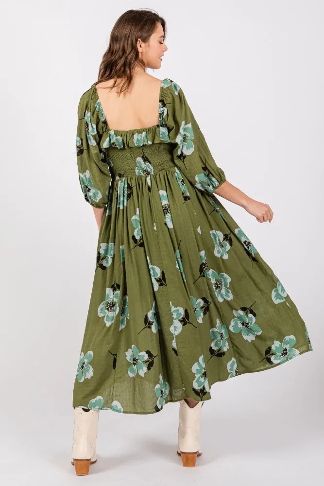 Olive Floral Smocked Midi Dress sold by Pinkblush product image thumbnail 3