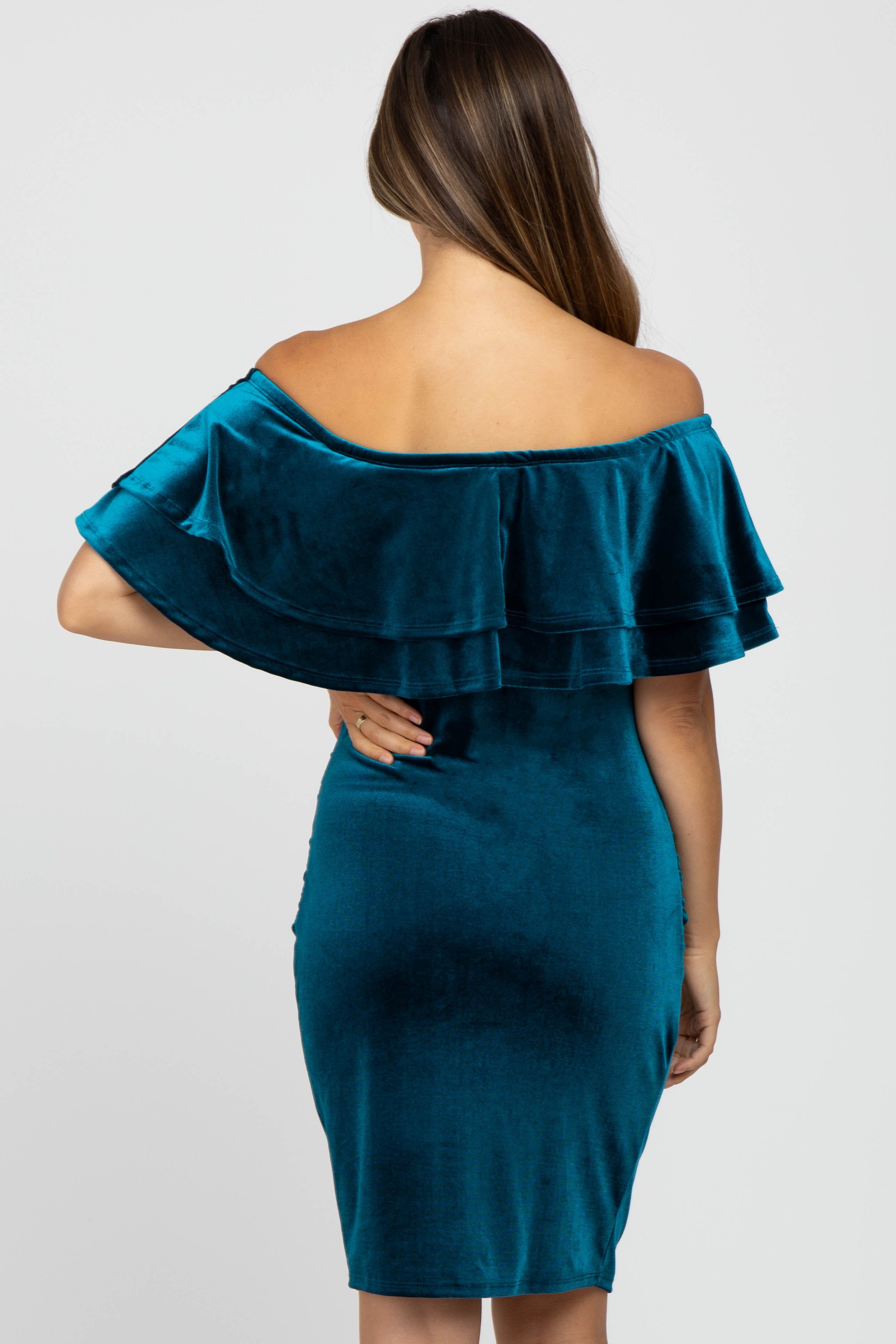 Teal Velvet Off Shoulder Fitted Maternity Dress sold by Pinkblush product image thumbnail 3