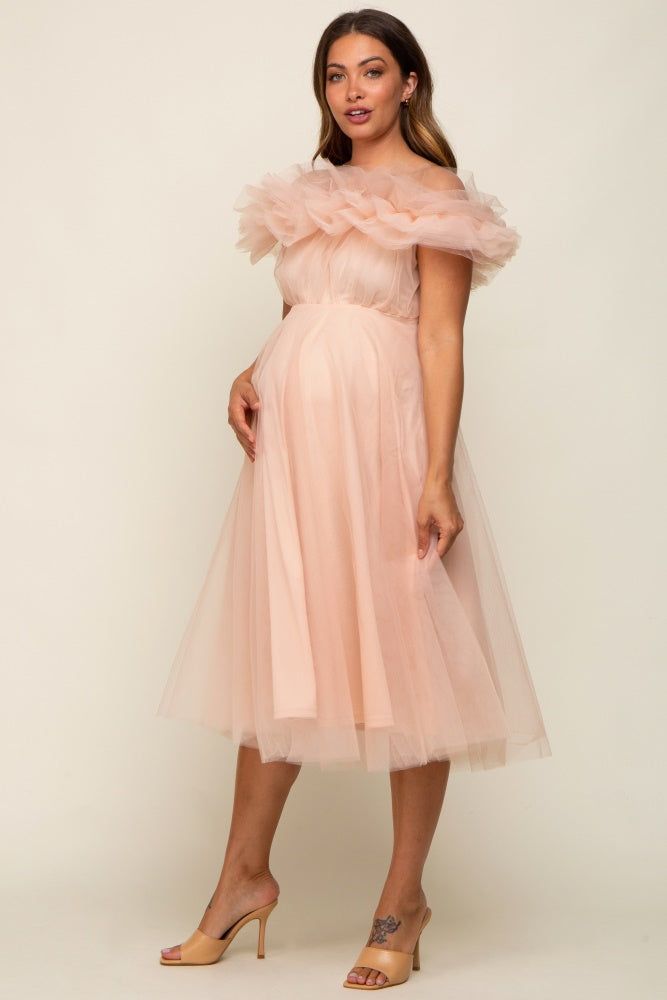 Light Pink Tulle Off Shoulder Maternity Midi Dress sold by Pinkblush product image thumbnail 2
