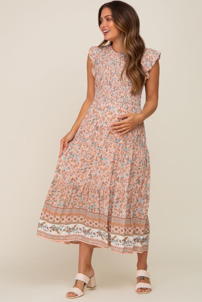 Peach Smocked Maternity Midi Dress sold by Pinkblush
