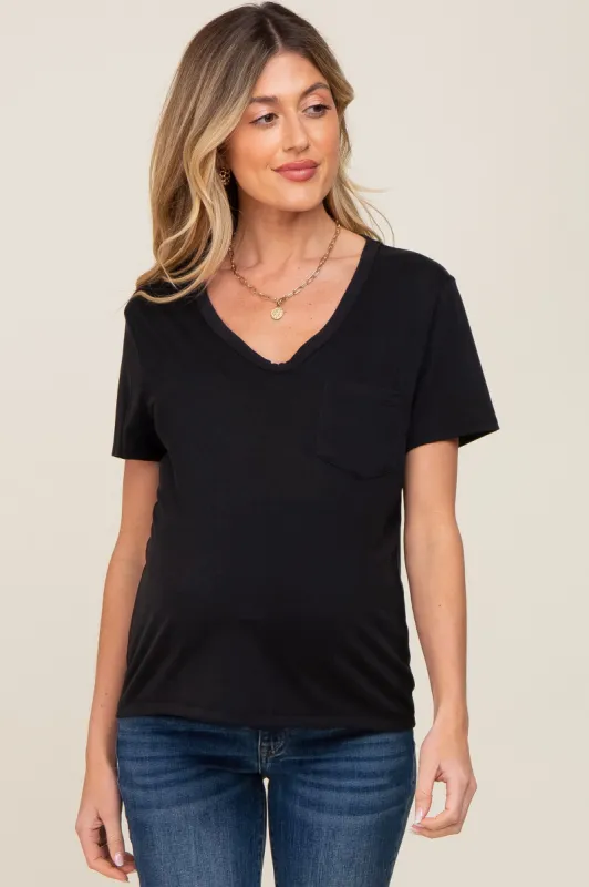 Black V-Neck Front Pocket Short Sleeve Maternity Top sold by Pinkblush