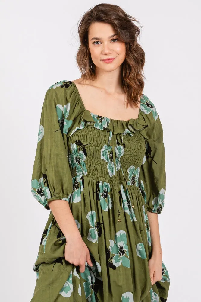 Olive Floral Smocked Midi Dress sold by Pinkblush product image thumbnail 4