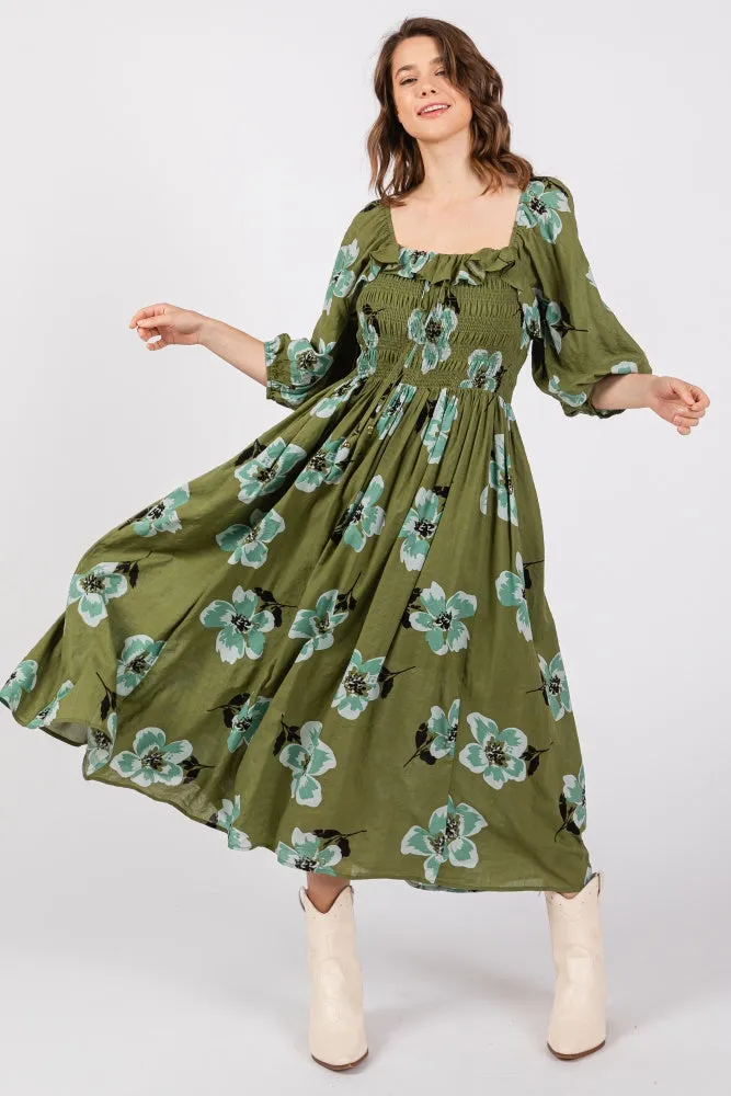 Olive Floral Smocked Midi Dress sold by Pinkblush