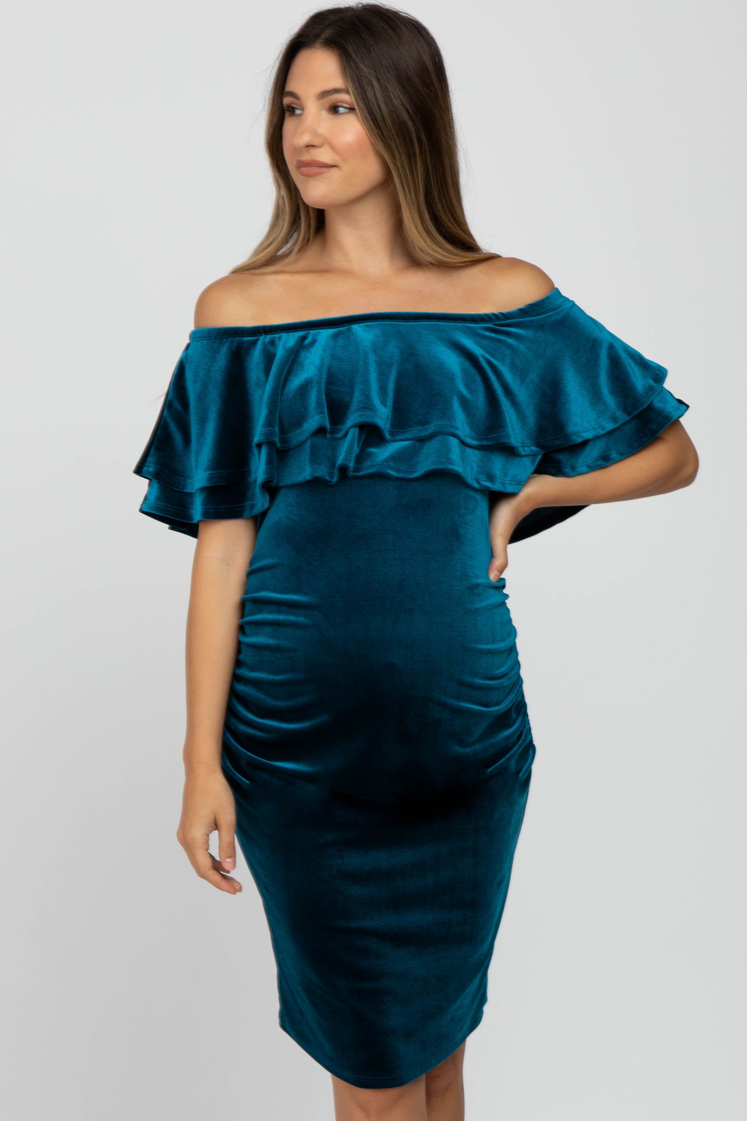 Teal Velvet Off Shoulder Fitted Maternity Dress sold by Pinkblush product image thumbnail 4