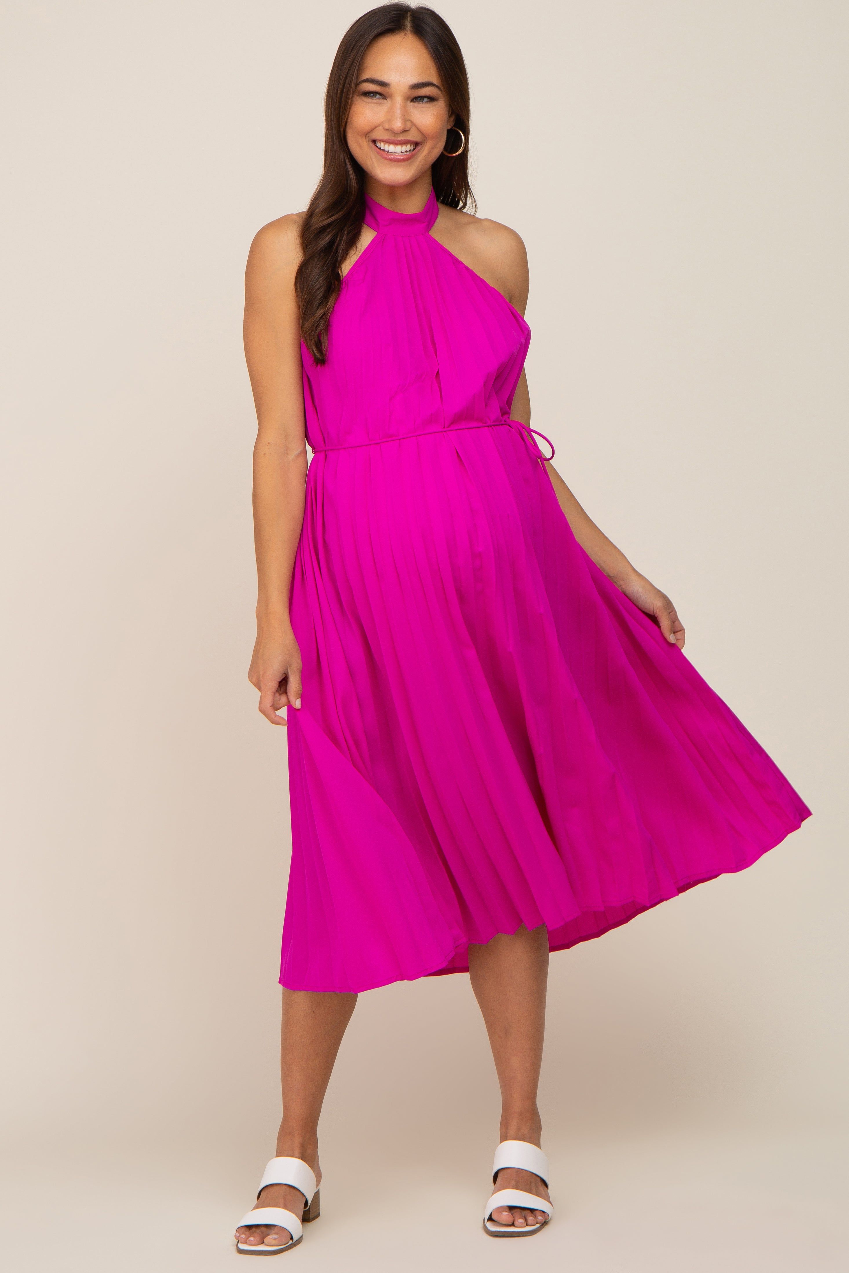 Magenta Pleated Halter Maternity Midi Dress sold by Pinkblush product image thumbnail 4