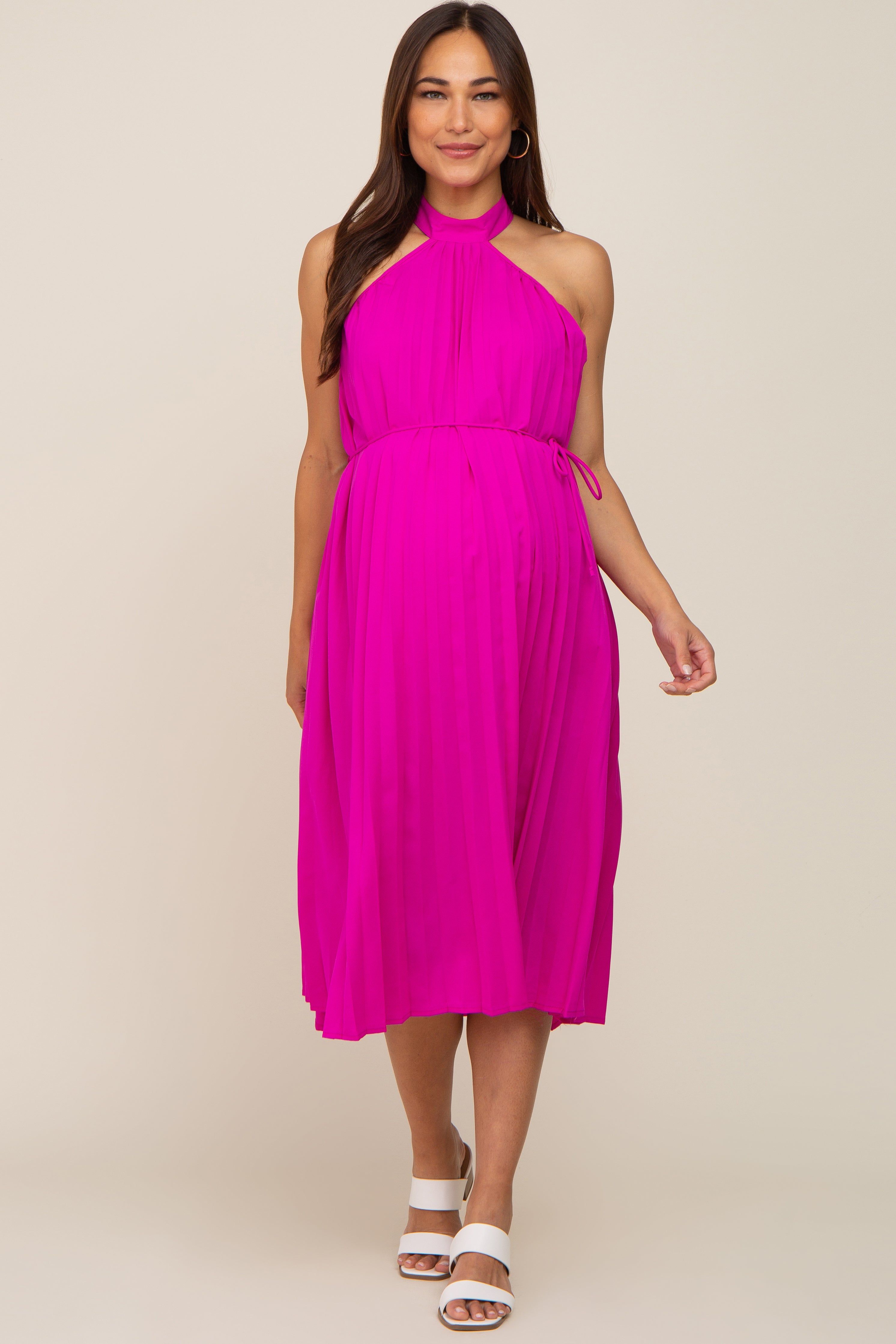 Magenta Pleated Halter Maternity Midi Dress sold by Pinkblush