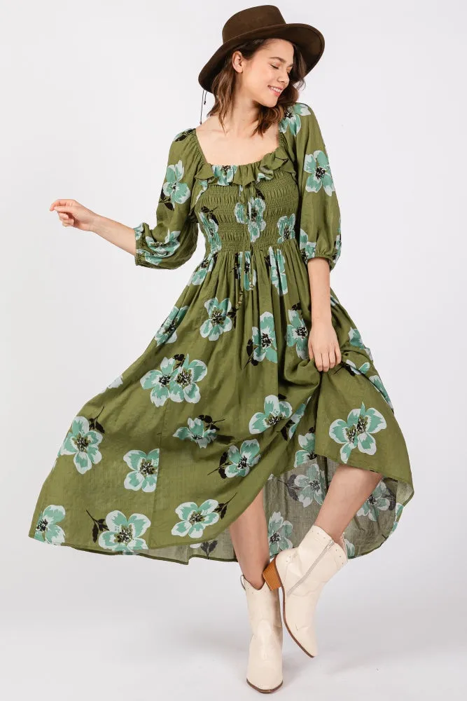 Olive Floral Smocked Midi Dress sold by Pinkblush product image thumbnail 5