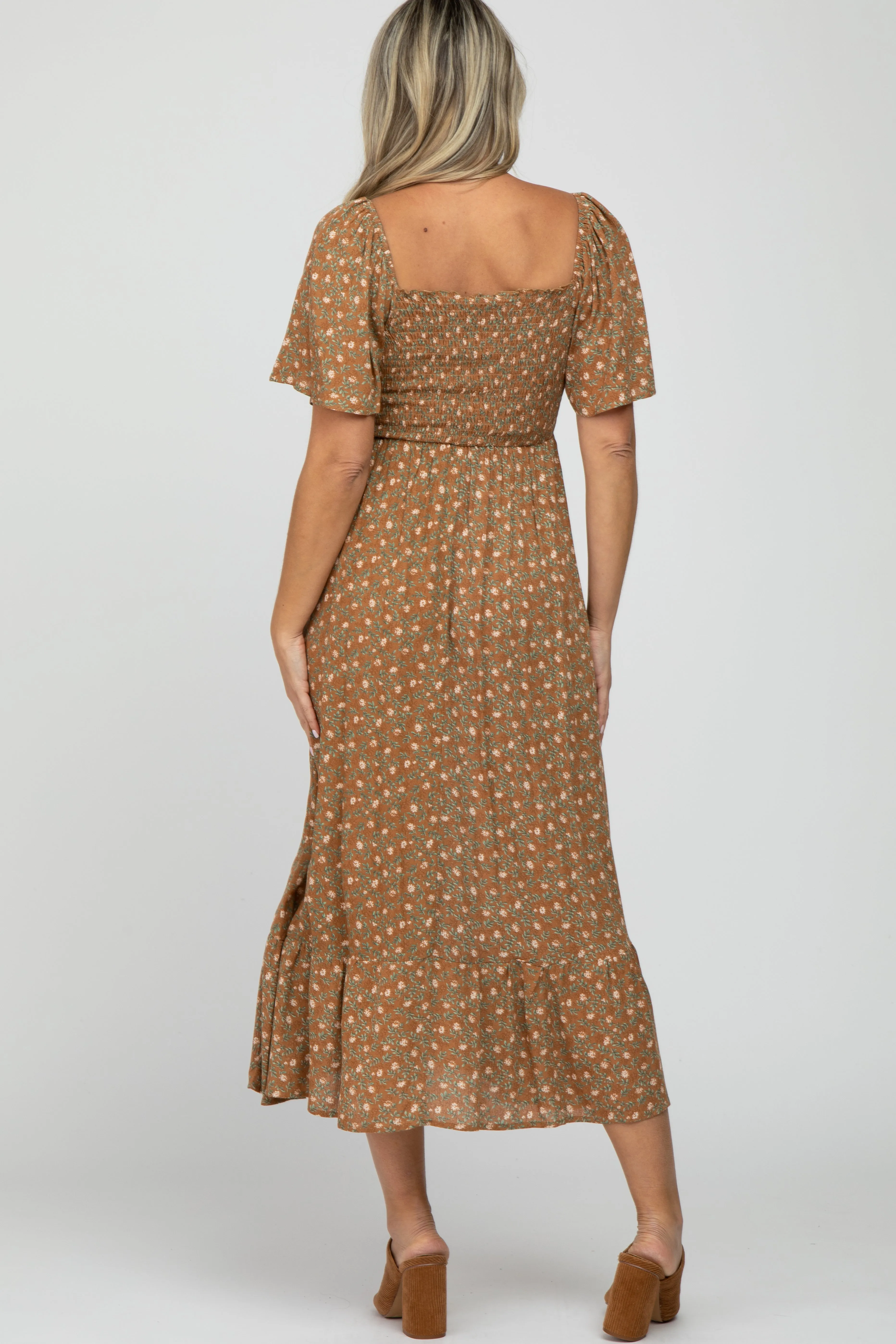 Camel Floral Smocked Square Neck Maternity Midi Dress sold by Pinkblush product image thumbnail 3