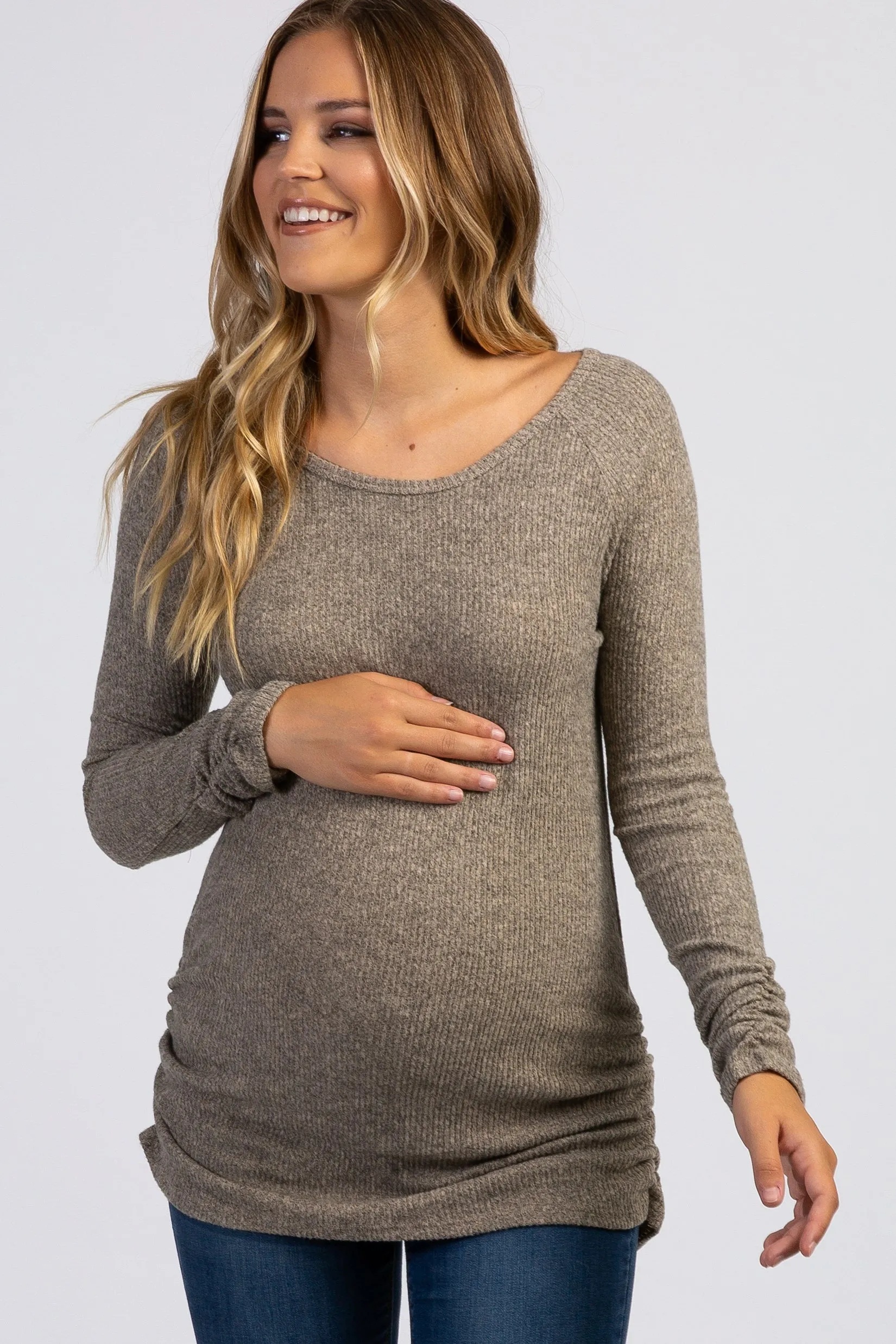 PinkBlush Mocha Ribbed Knit Ruched Maternity Top sold by Pinkblush