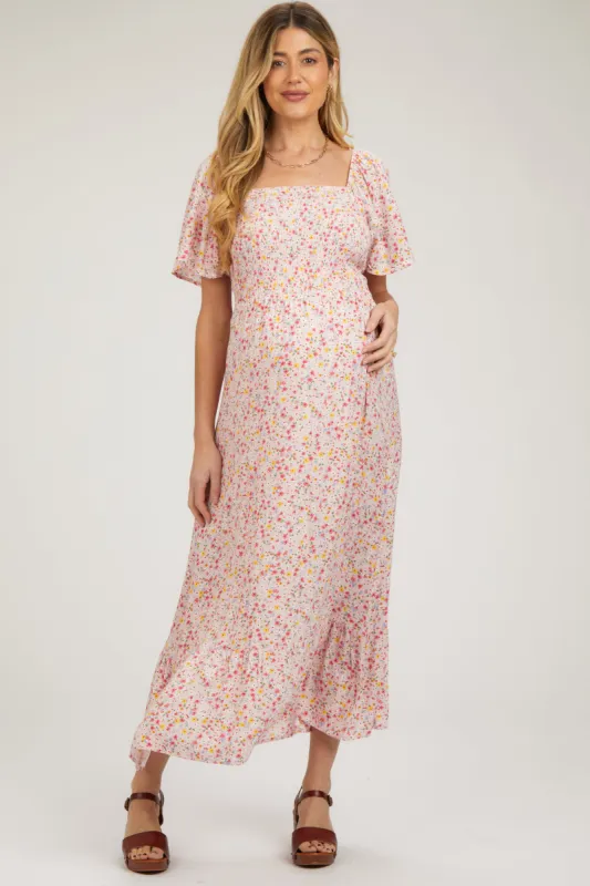 Light Pink Floral Smocked Maternity Maxi Dress sold by Pinkblush