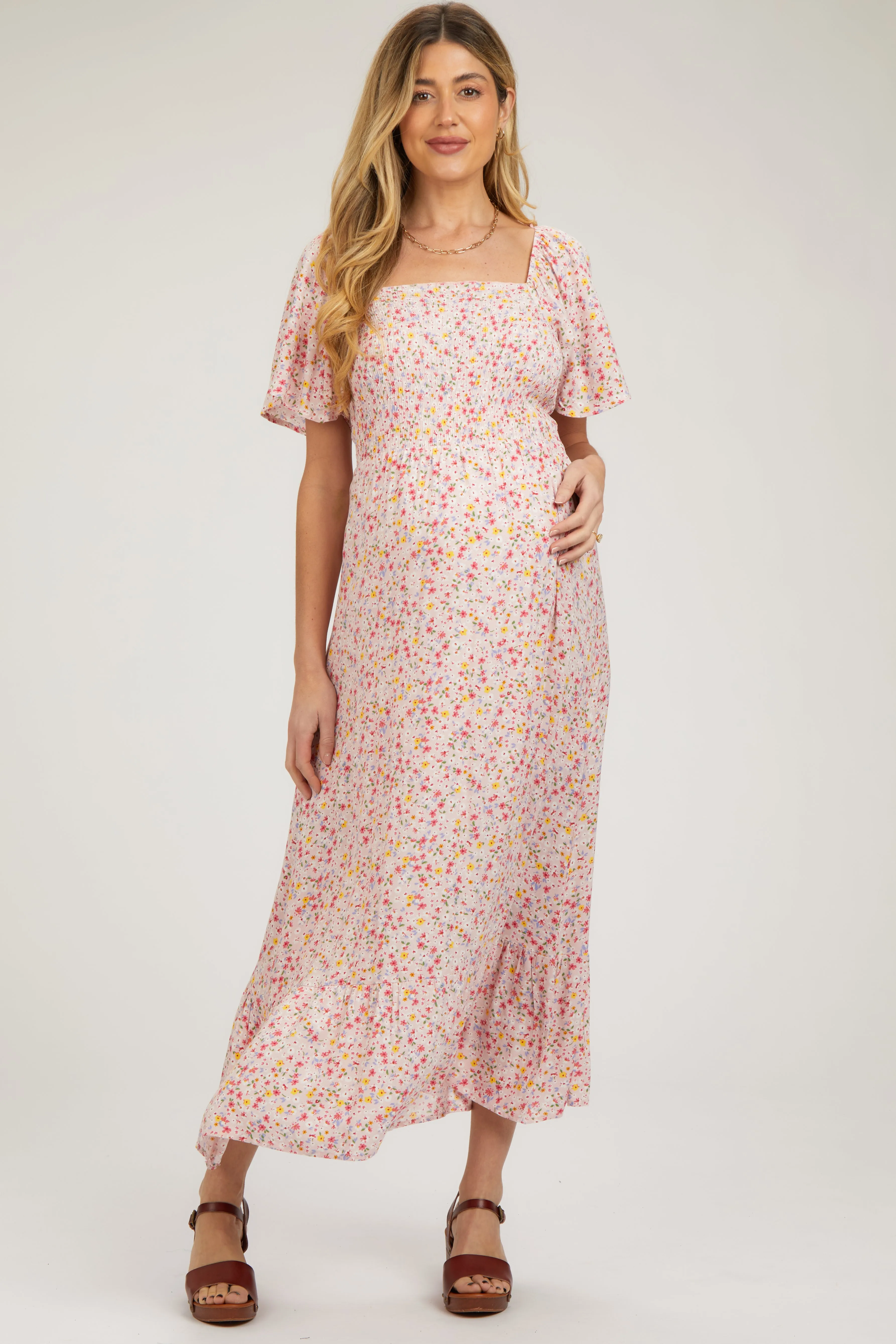 Light Pink Floral Smocked Maternity Maxi Dress sold by Pinkblush